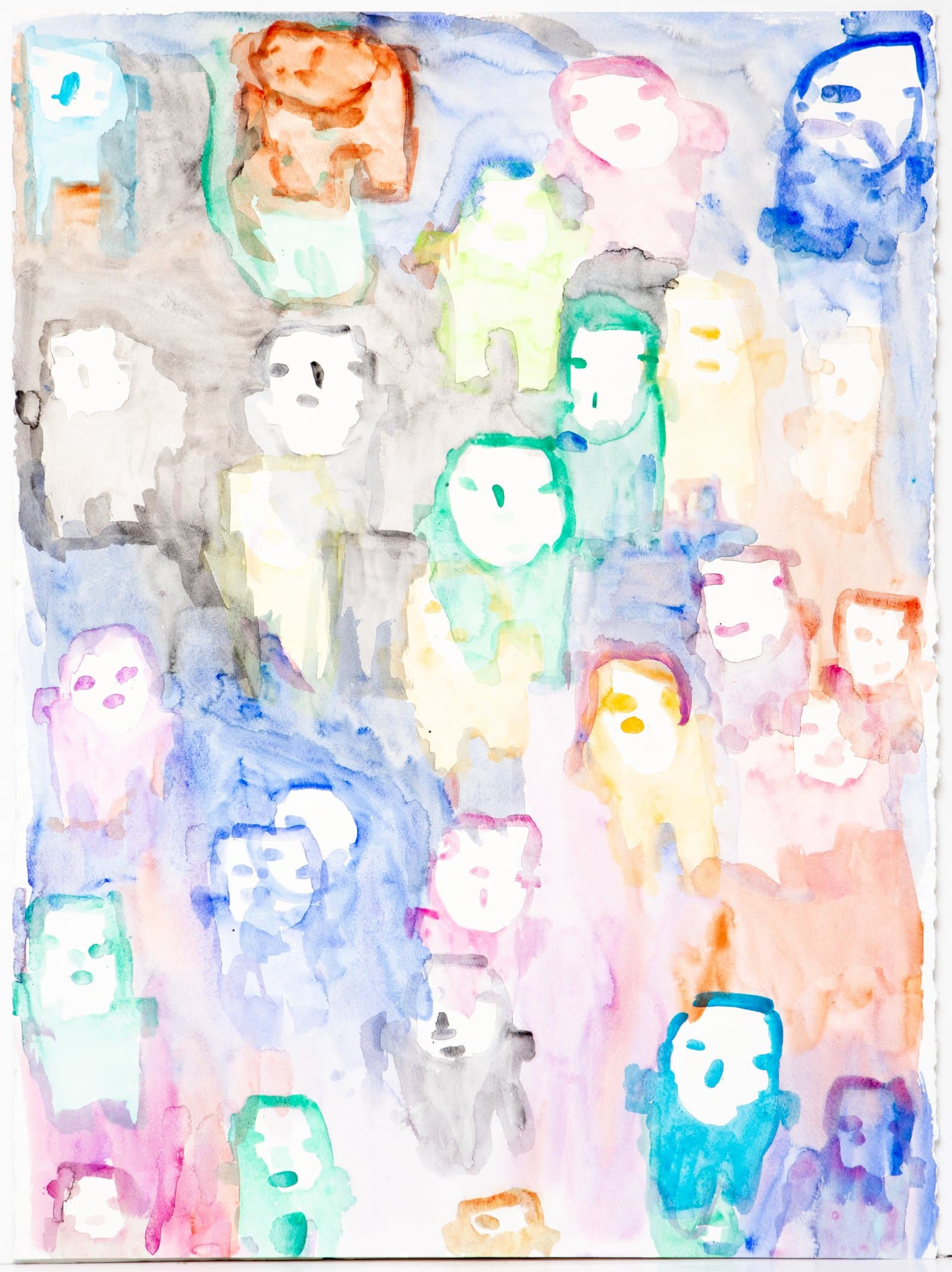Watercolor on paper depicting a crowd of small schematic figures with oval faces in pastel blues, pinks, greens, and oranges.