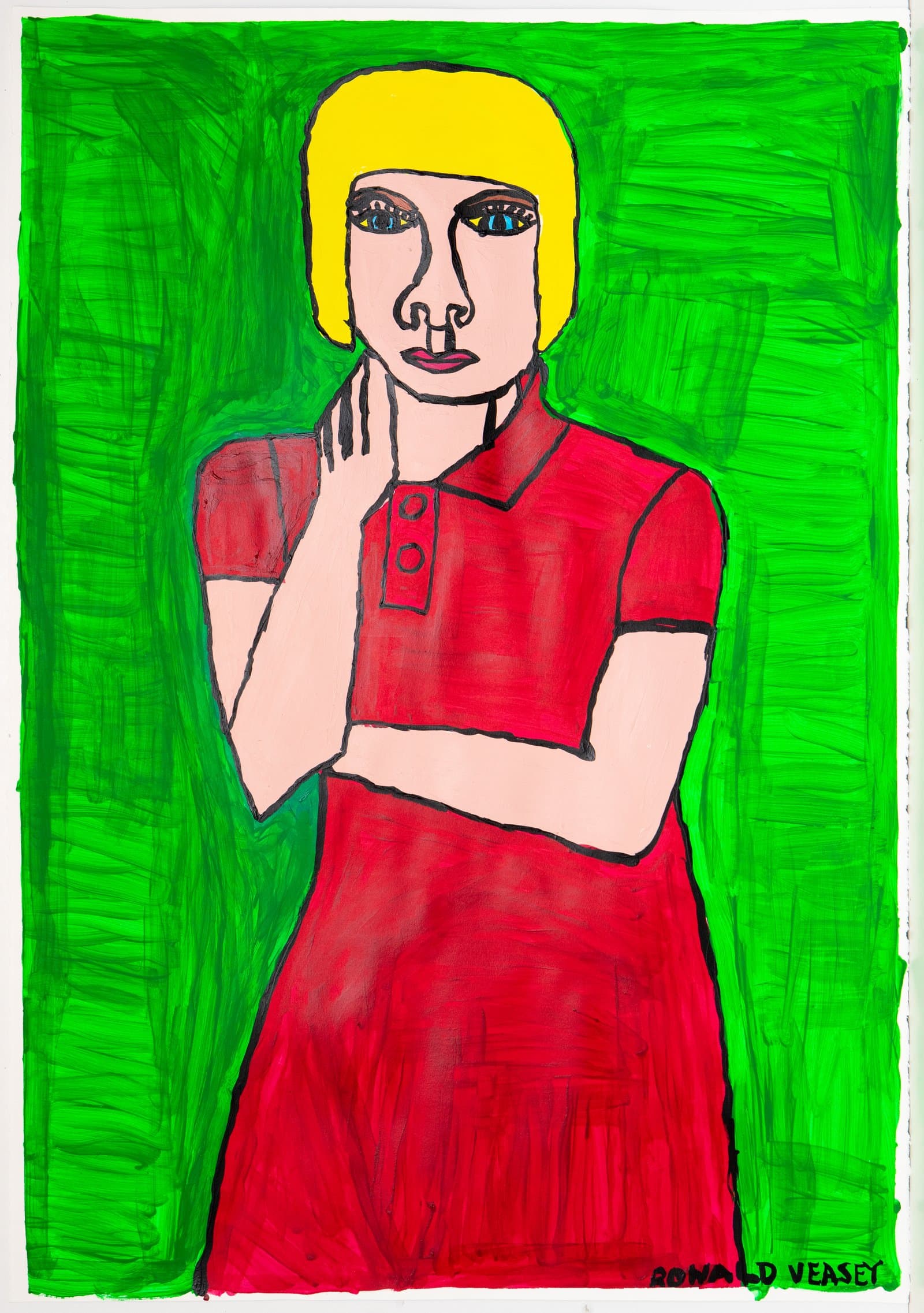 Acrylic portrait of a figure with yellow bob haircut in a red polo dress, arms crossed, against a vivid green background.