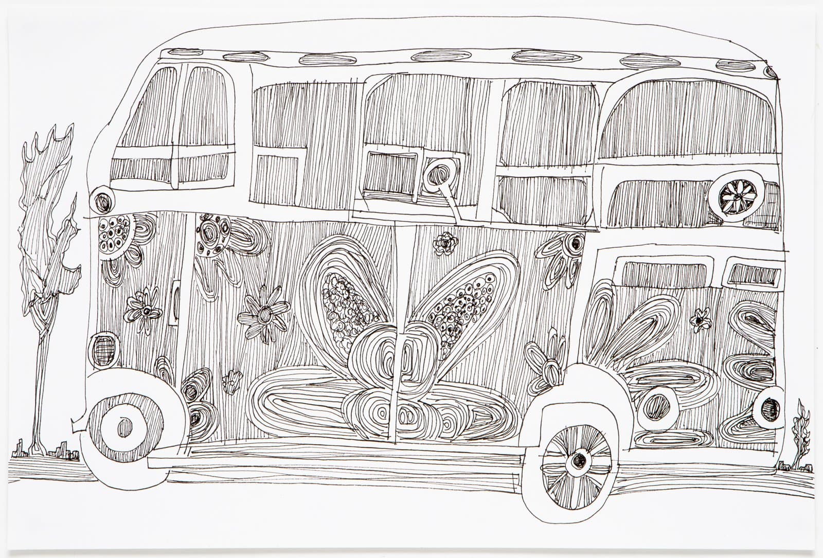 Ink drawing of a VW bus covered in dense swirling patterns, flowers, and a large butterfly on white paper.