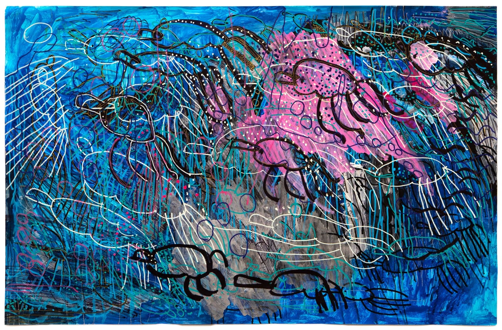 Large acrylic painting on paper with swirling blue background and a central pink form amid dense black and white gestural lines.