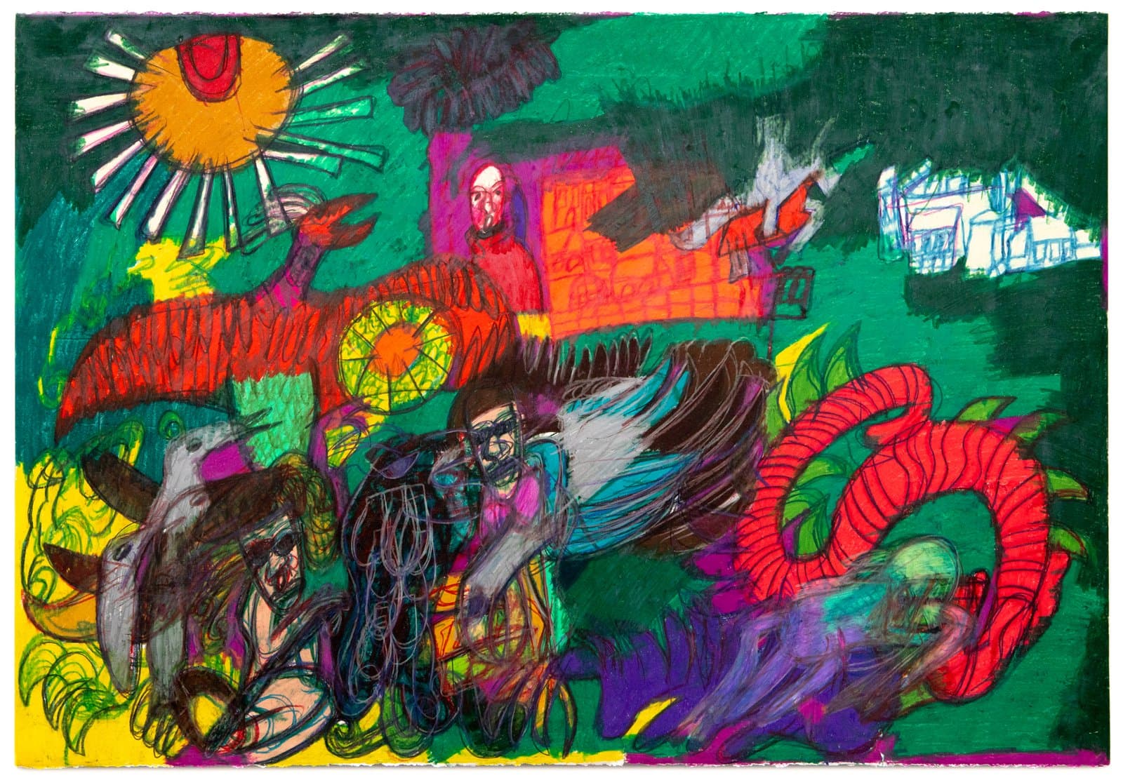 Dense figurative pastel drawing with human and animal figures amid bold green, red, yellow, and purple tones on paper.