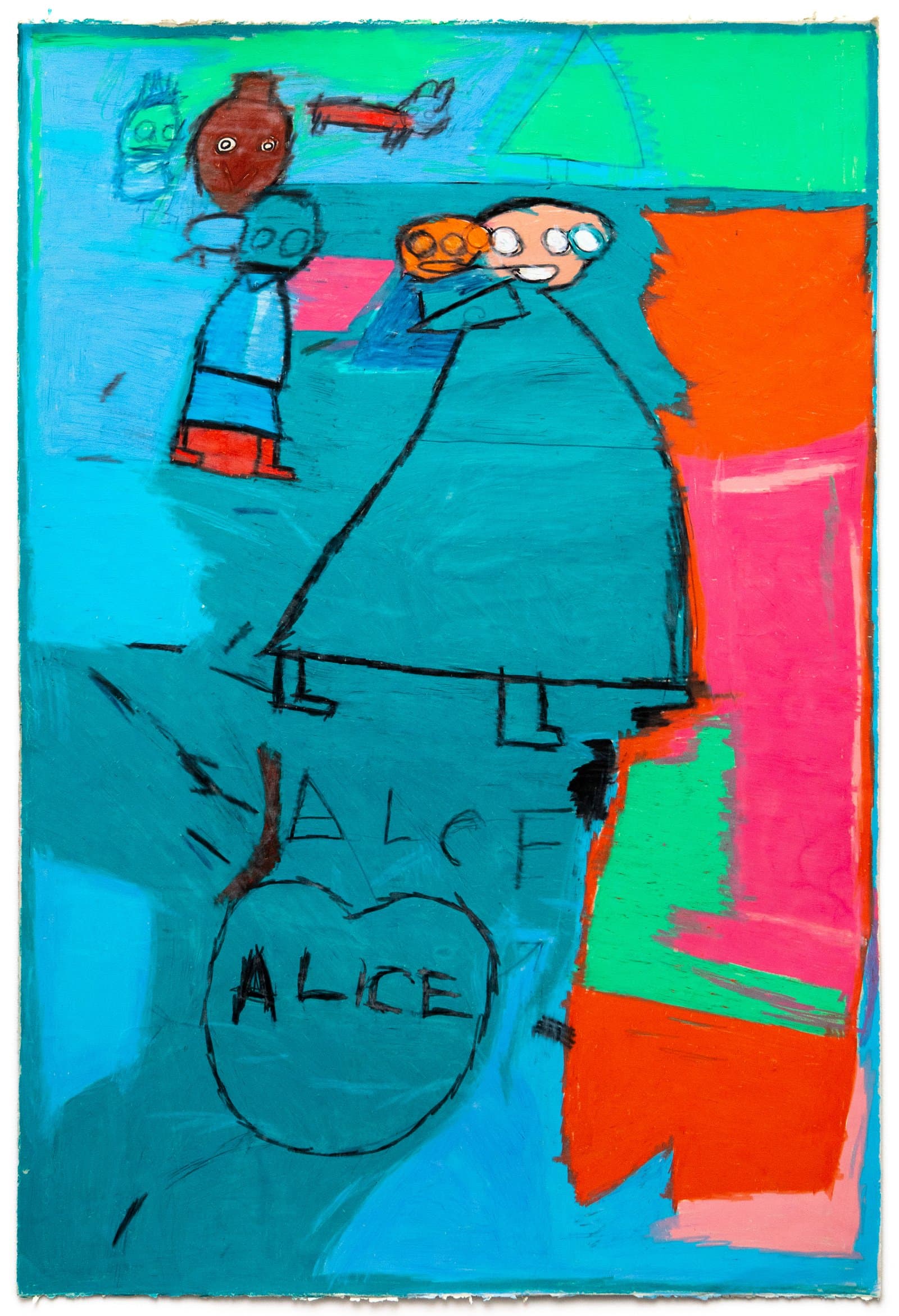 Pastel on paper with two figurative forms in teal, an orange animal, text reading 'ALICE,' on a vivid blue, orange, and green ground.