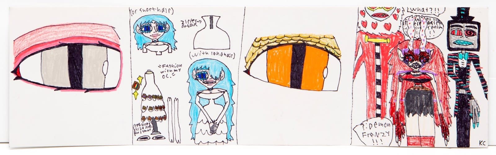 Colored pencil and ink drawing showing various cartoon-like figures and objects arranged horizontally across white paper.