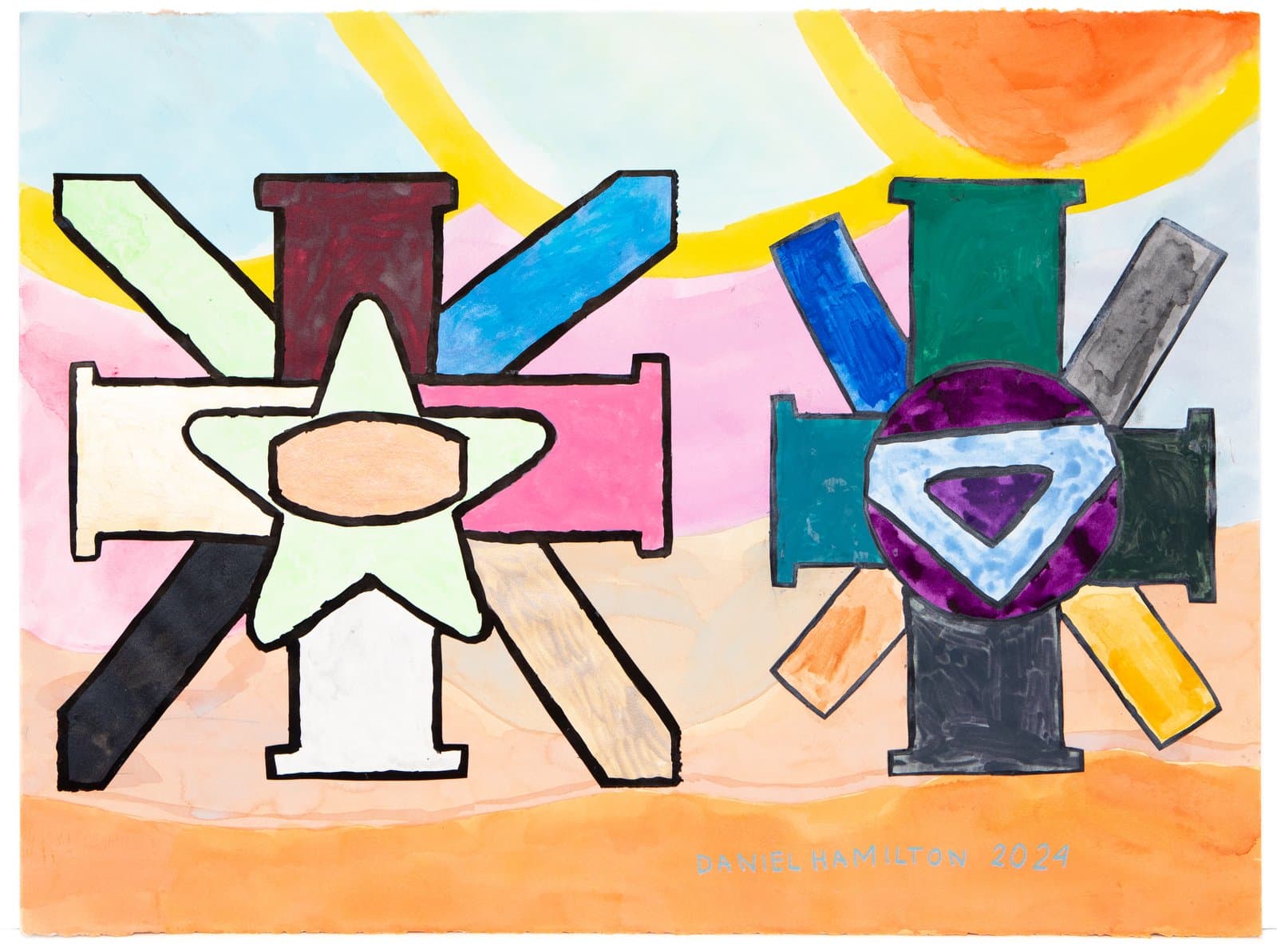 Watercolor painting of two symmetrical cross-like geometric figures with overlapping colorful shapes against a sky and orange ground.