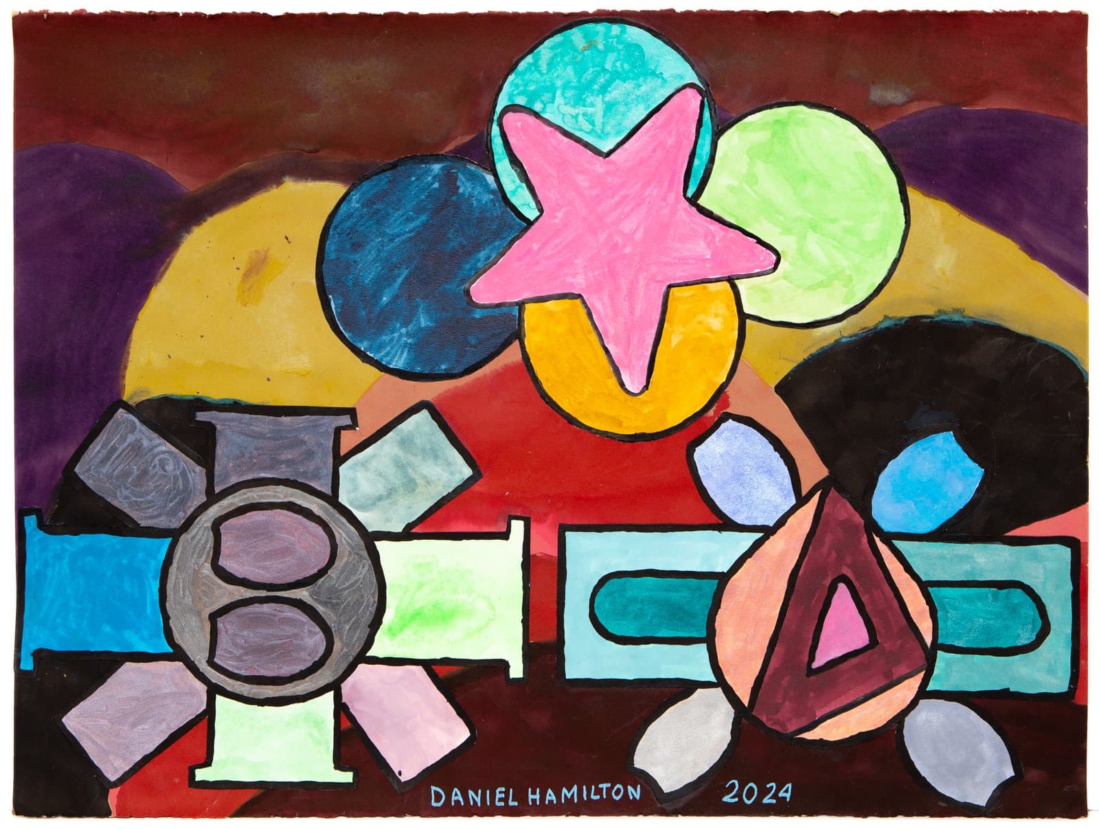 Colorful watercolor painting with bold geometric shapes—circles, stars, rectangles, and triangles—outlined in black on paper.