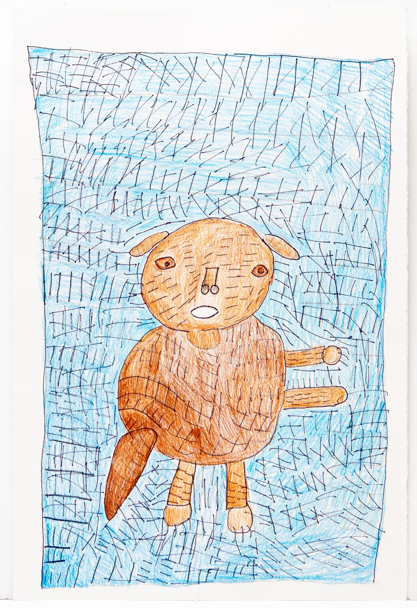 Colored pencil and marker drawing of a brown dog-like figure centered on a blue crosshatched background on paper.