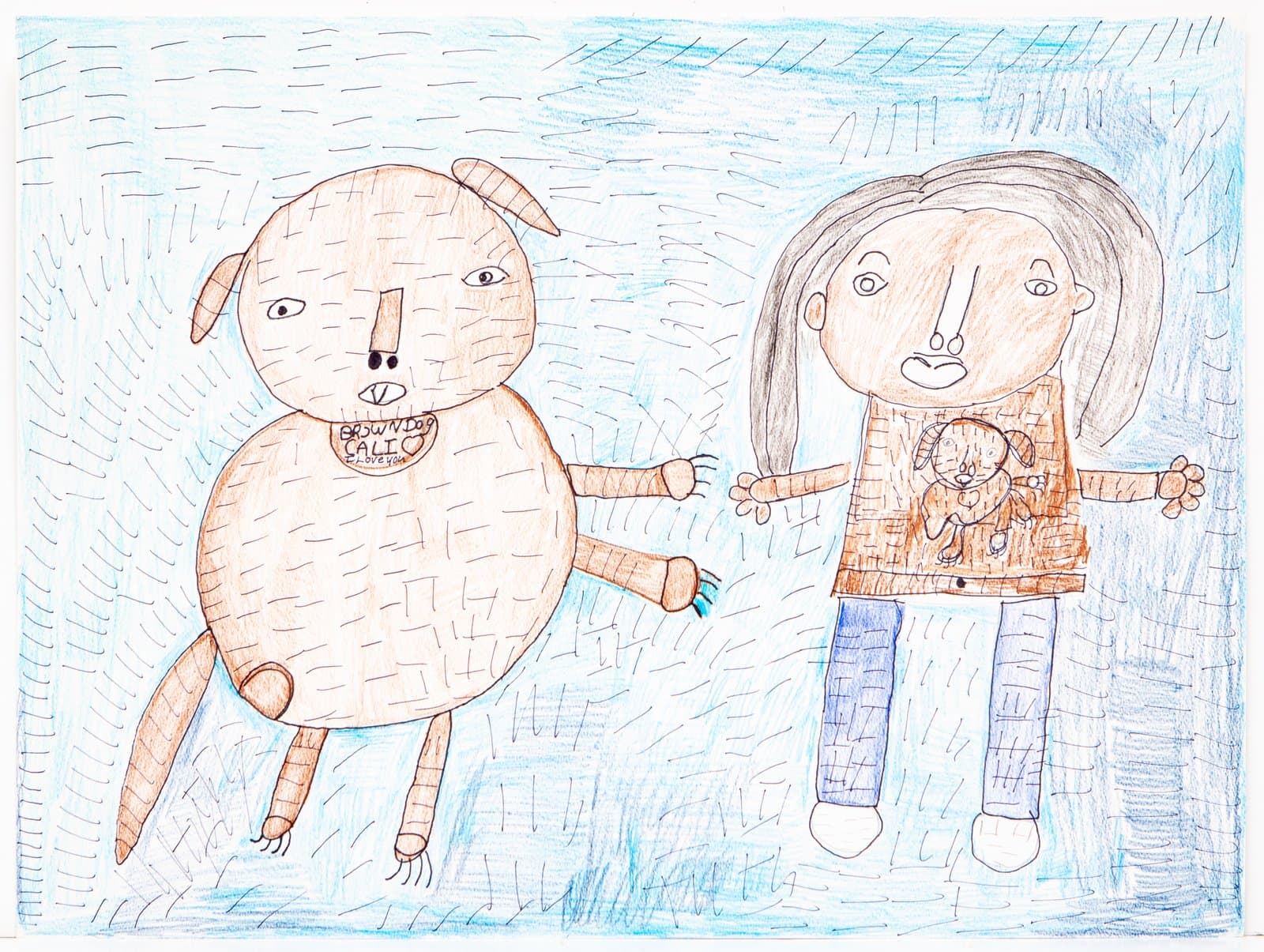 Colored pencil drawing of a large round dog and a girl with gray hair standing side by side on a blue hatched background.