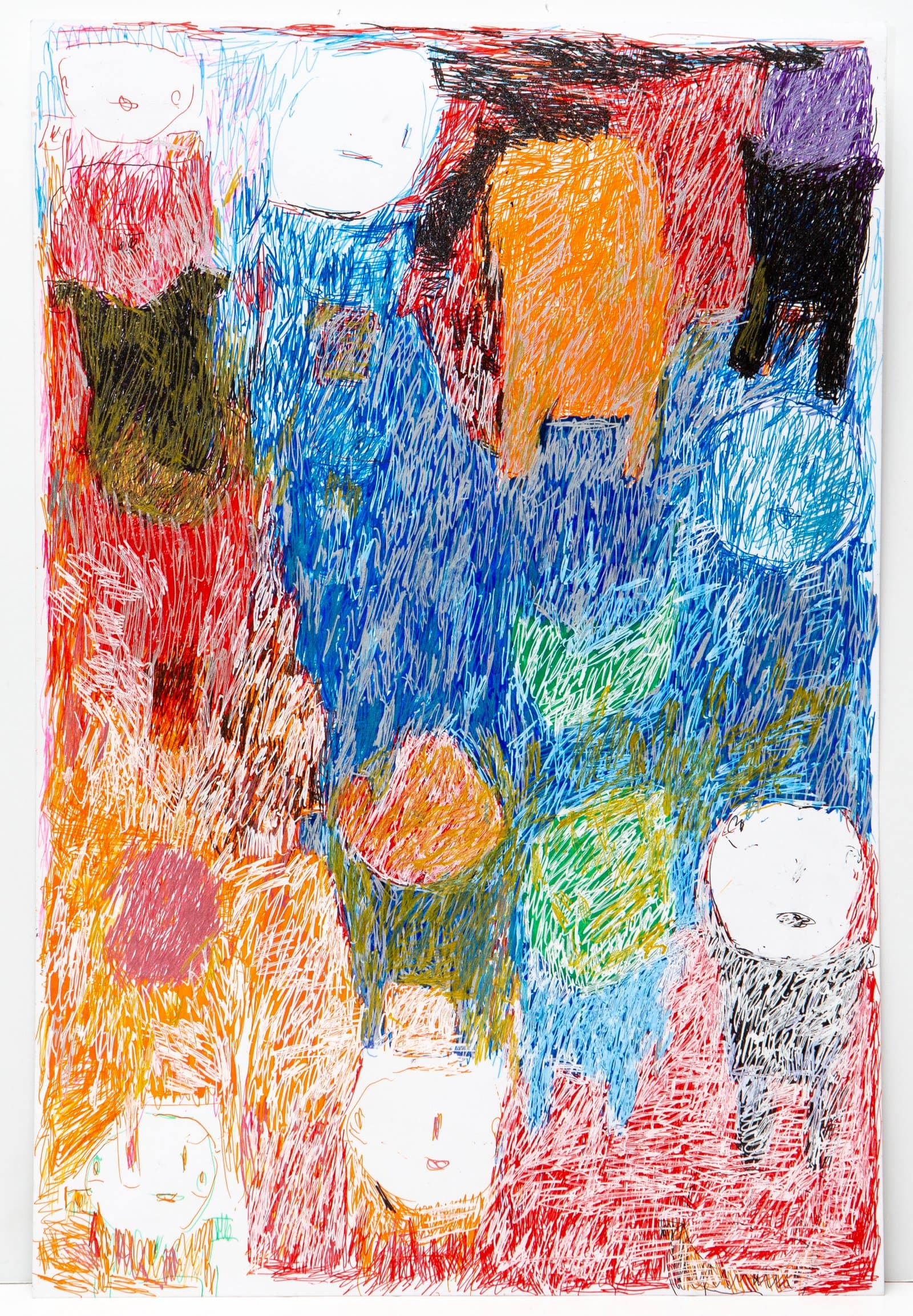 Dense pen drawing on paper with layered scribbled marks in red, blue, and orange, featuring several small simplified faces.