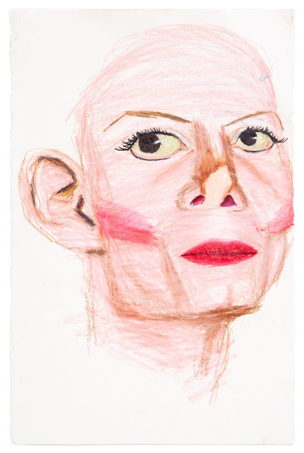 Portrait drawing in colored pencil showing a face with prominent eyes, red lips, and pink skin tones on white paper.