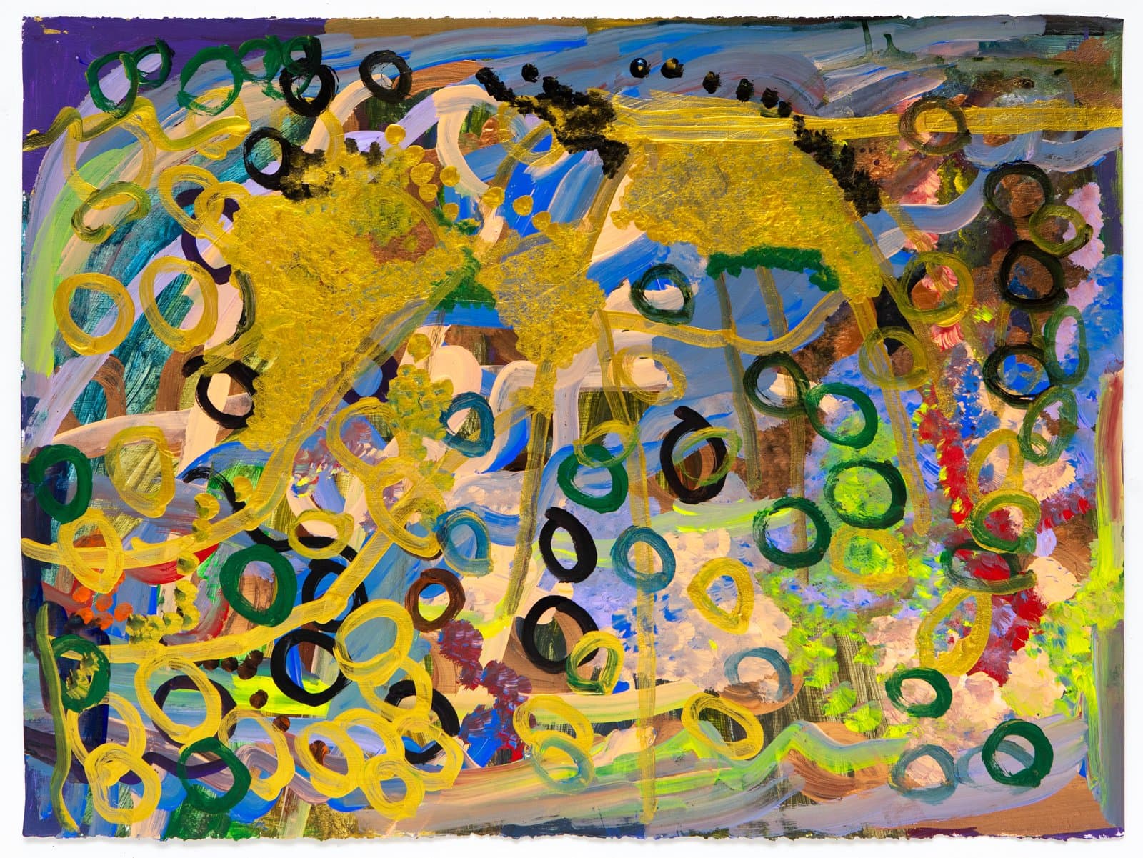 Acrylic painting featuring two yellow animal figures amid scattered green, black, and yellow rings on a blue and purple background.
