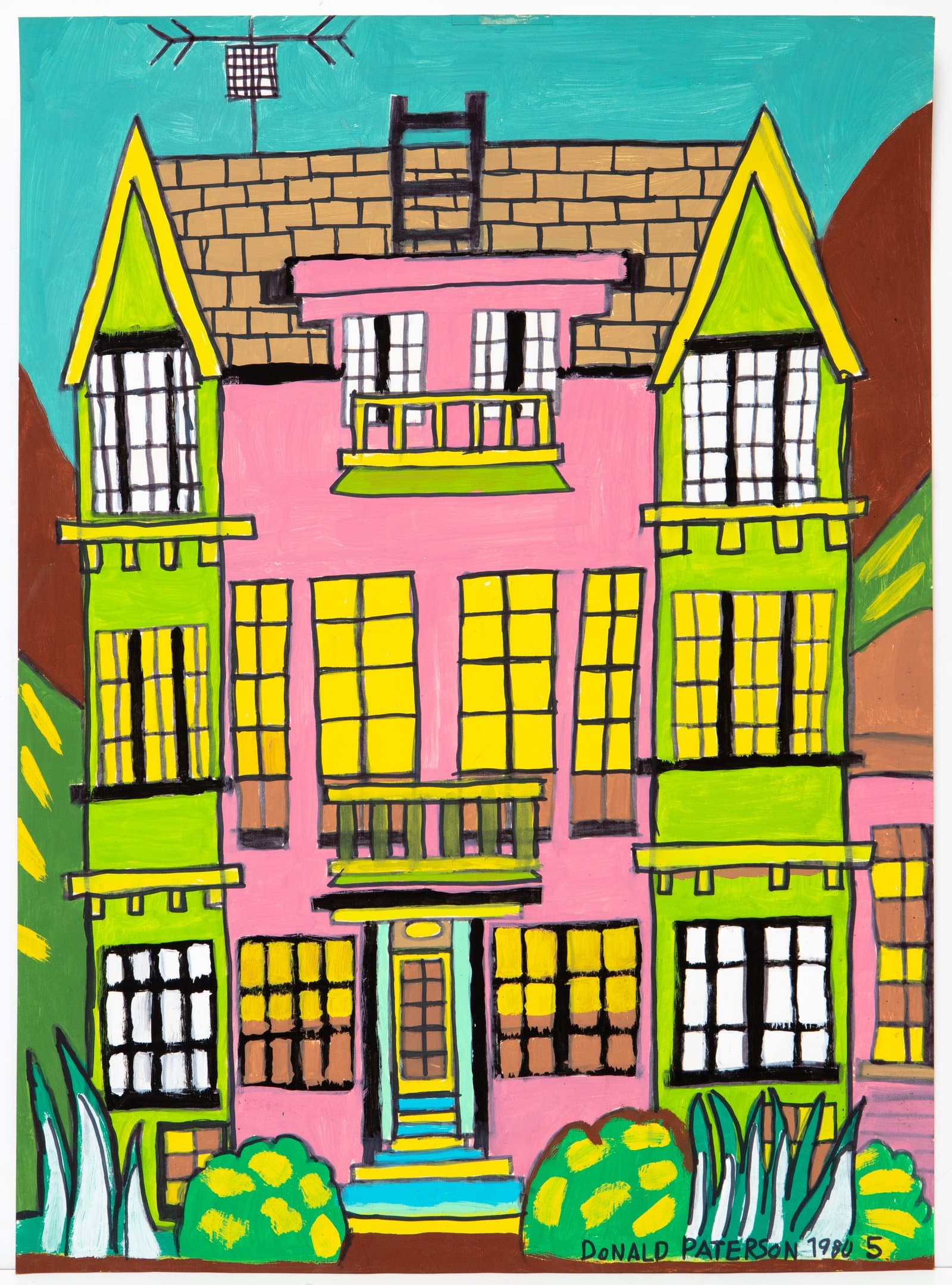 Acrylic painting of a pink multi-story building with yellow and green trim, many windows, and a TV antenna on the roof.