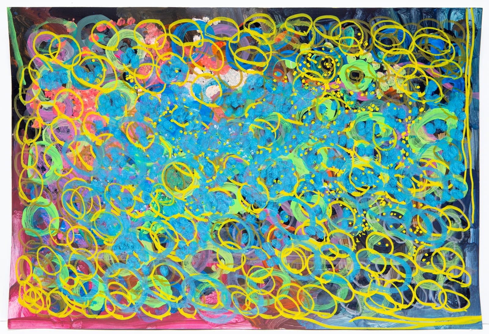 Abstract acrylic painting densely covered with overlapping yellow circles atop a vibrant turquoise, green, and pink background.