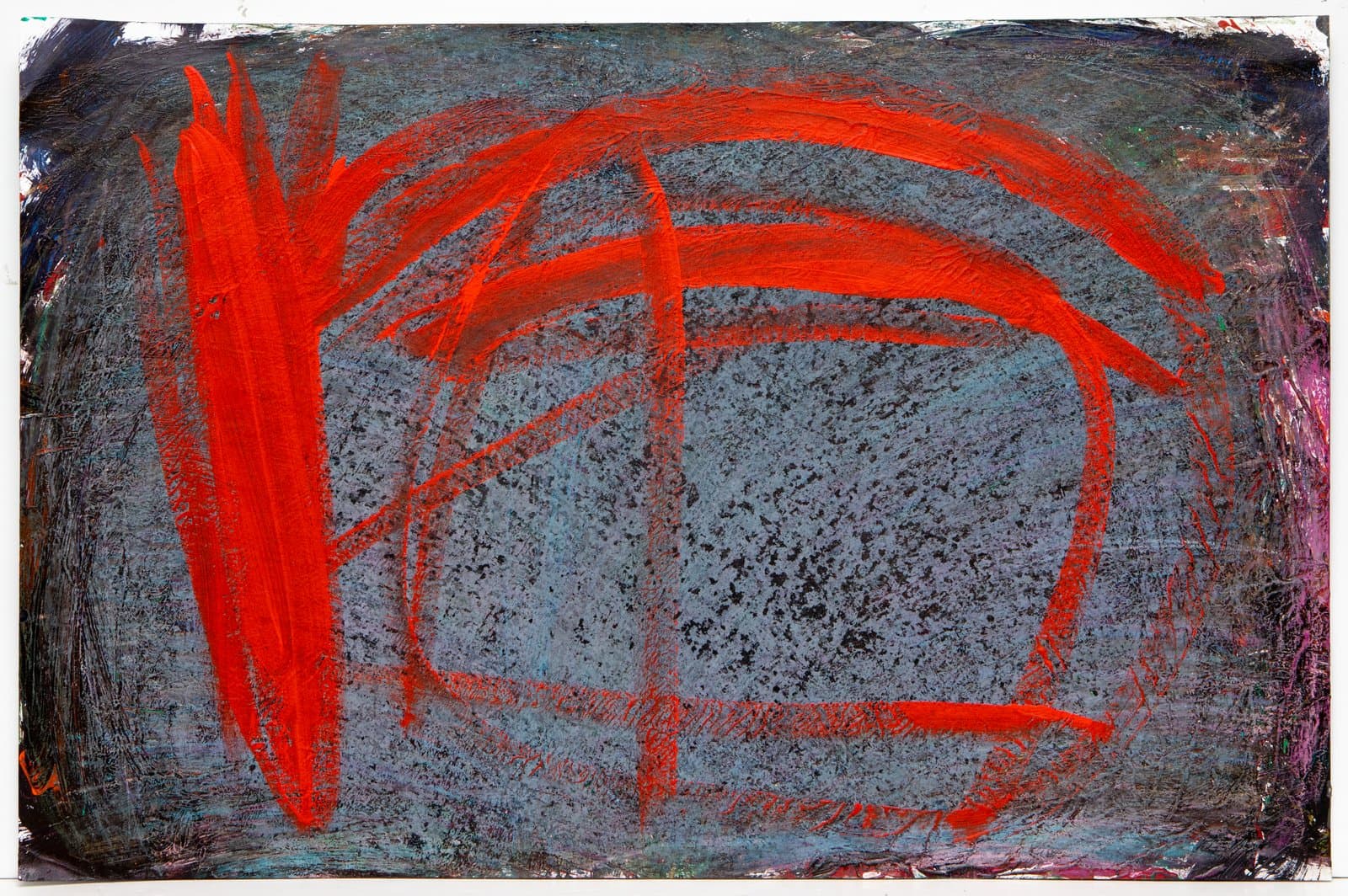 Abstract acrylic painting with bold red gestural strokes forming arc and vertical marks on a textured blue-gray ground.