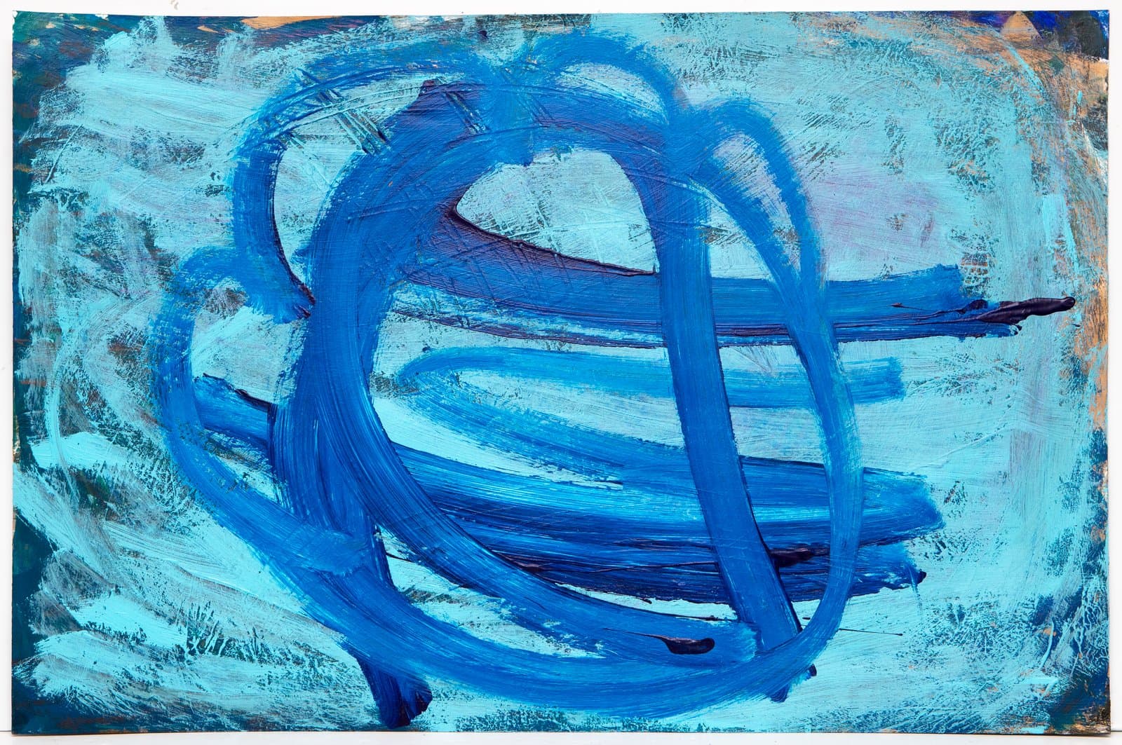 Abstract acrylic painting dominated by bold cobalt blue brushstrokes forming a large oval or globe-like form on a cyan background.