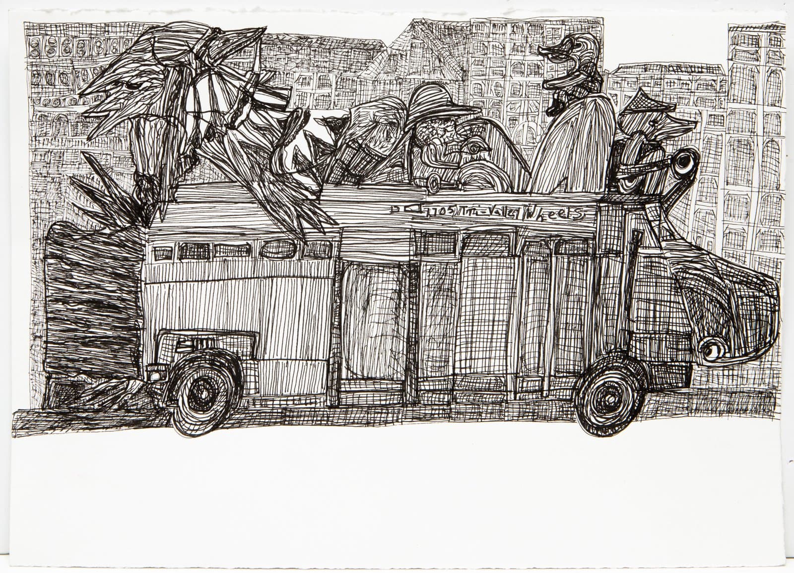 Ink drawing of an open-top bus filled with figures and palm trees, set against a dense urban skyline.