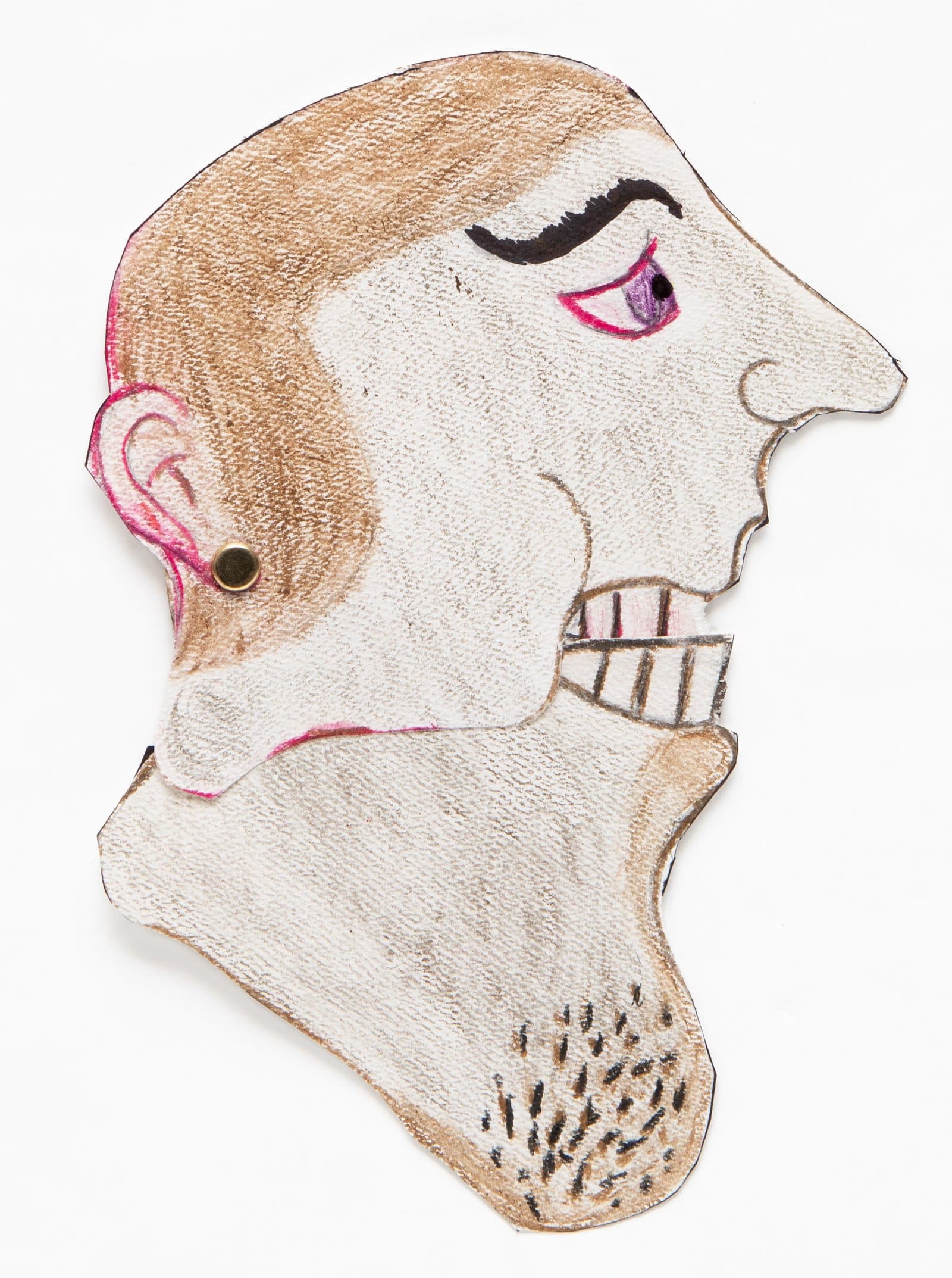 Cut-out drawing of a face in profile, rendered in colored pencil and marker with tan, pink, and black tones.