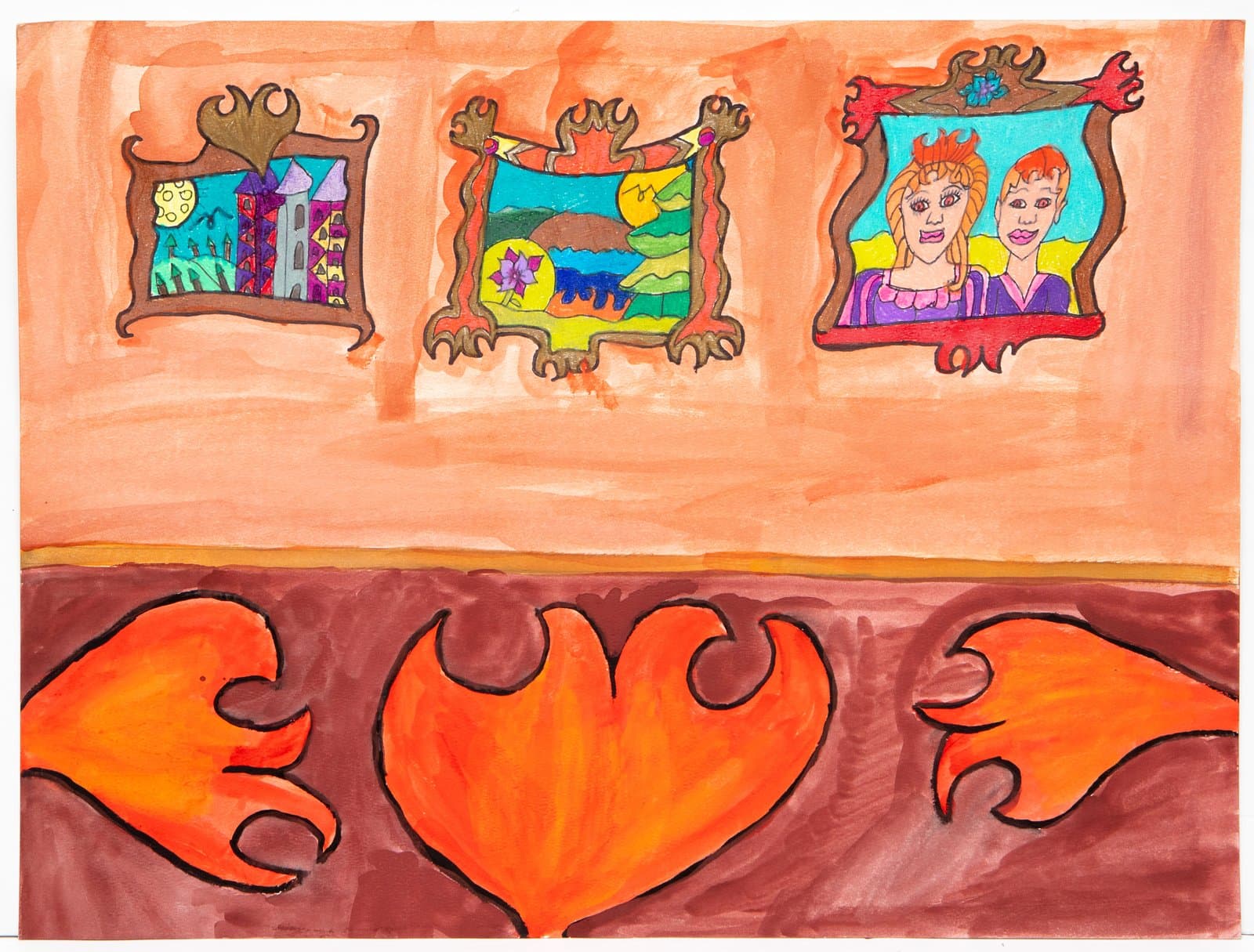 Watercolor and ink drawing of three framed pictures on an orange wall above a dark red floor with orange flame shapes.