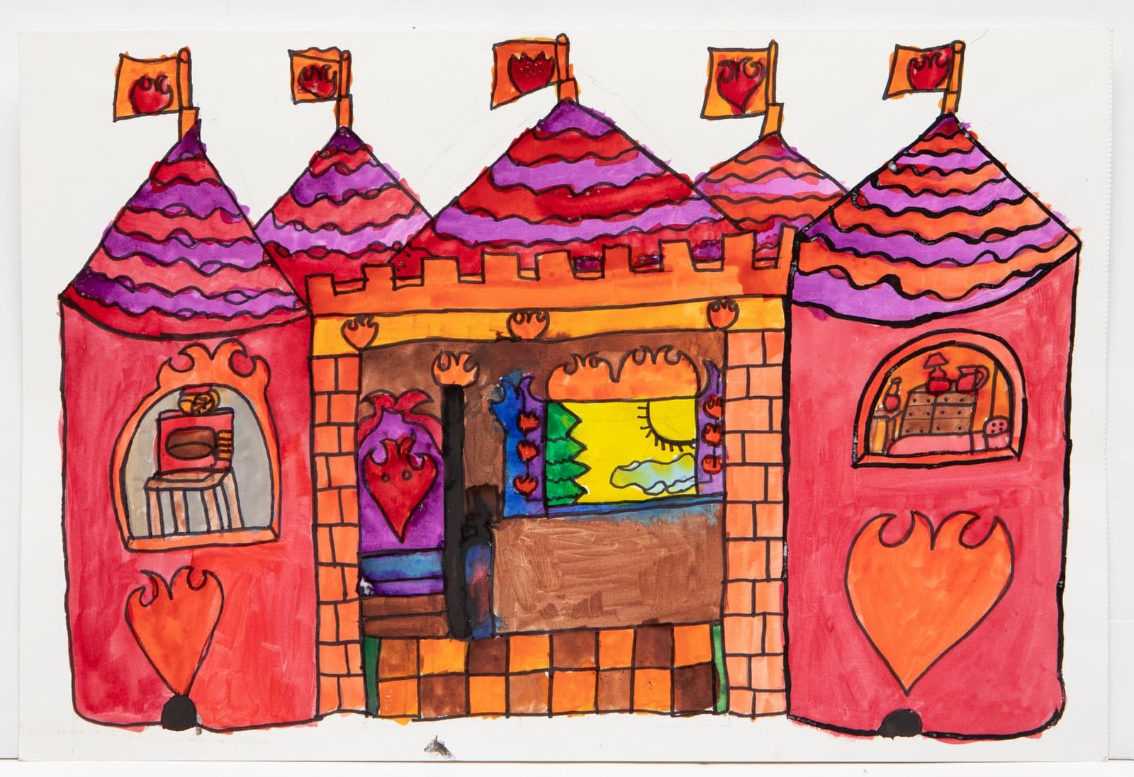 Marker and watercolor drawing of a castle with five cone-topped towers in red, orange, and purple, with heart and flame motifs.