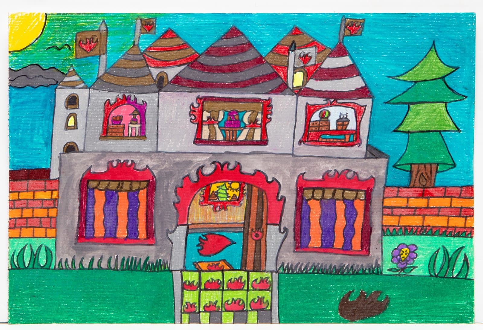 Colorful drawing of a fantasy castle in pastel and ink, with striped turrets, flame-bordered windows, and bright flags.