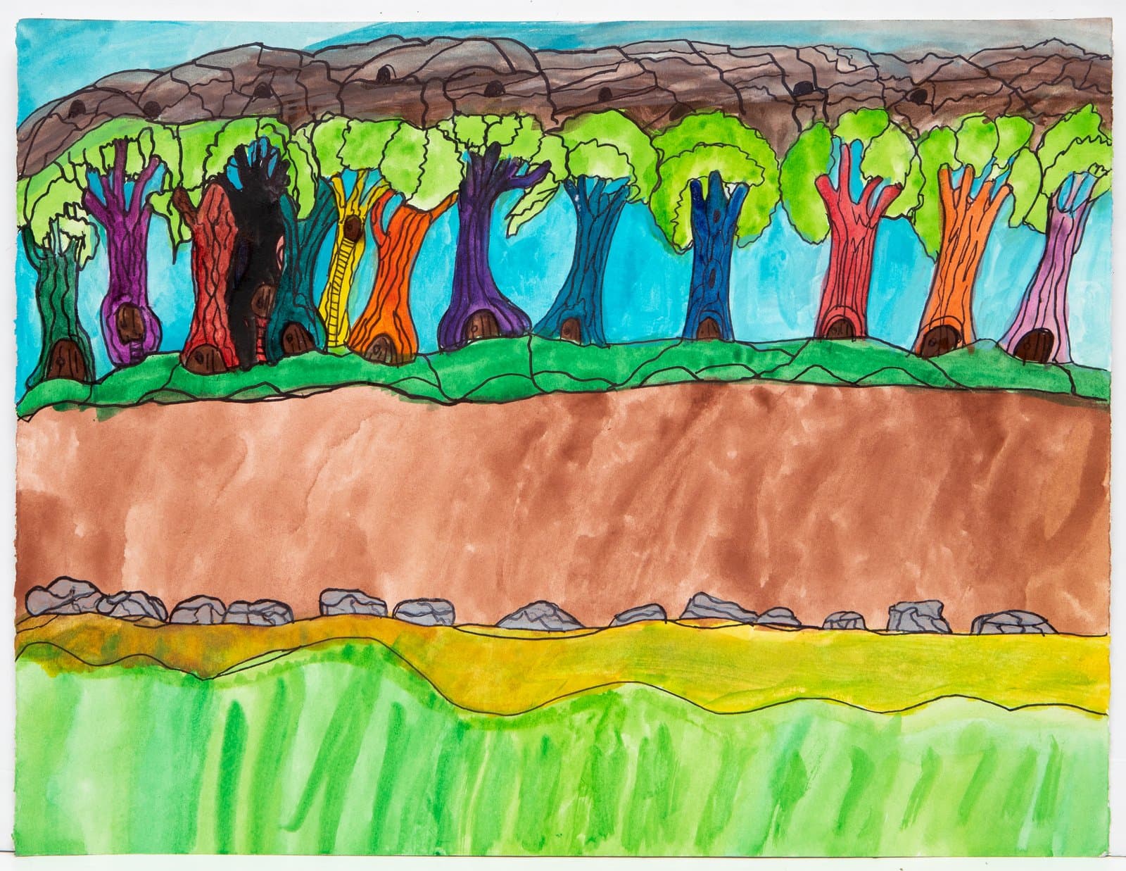 Watercolor and ink landscape with a row of colorful trees above layered horizontal bands of soil, rocks, and green grass.