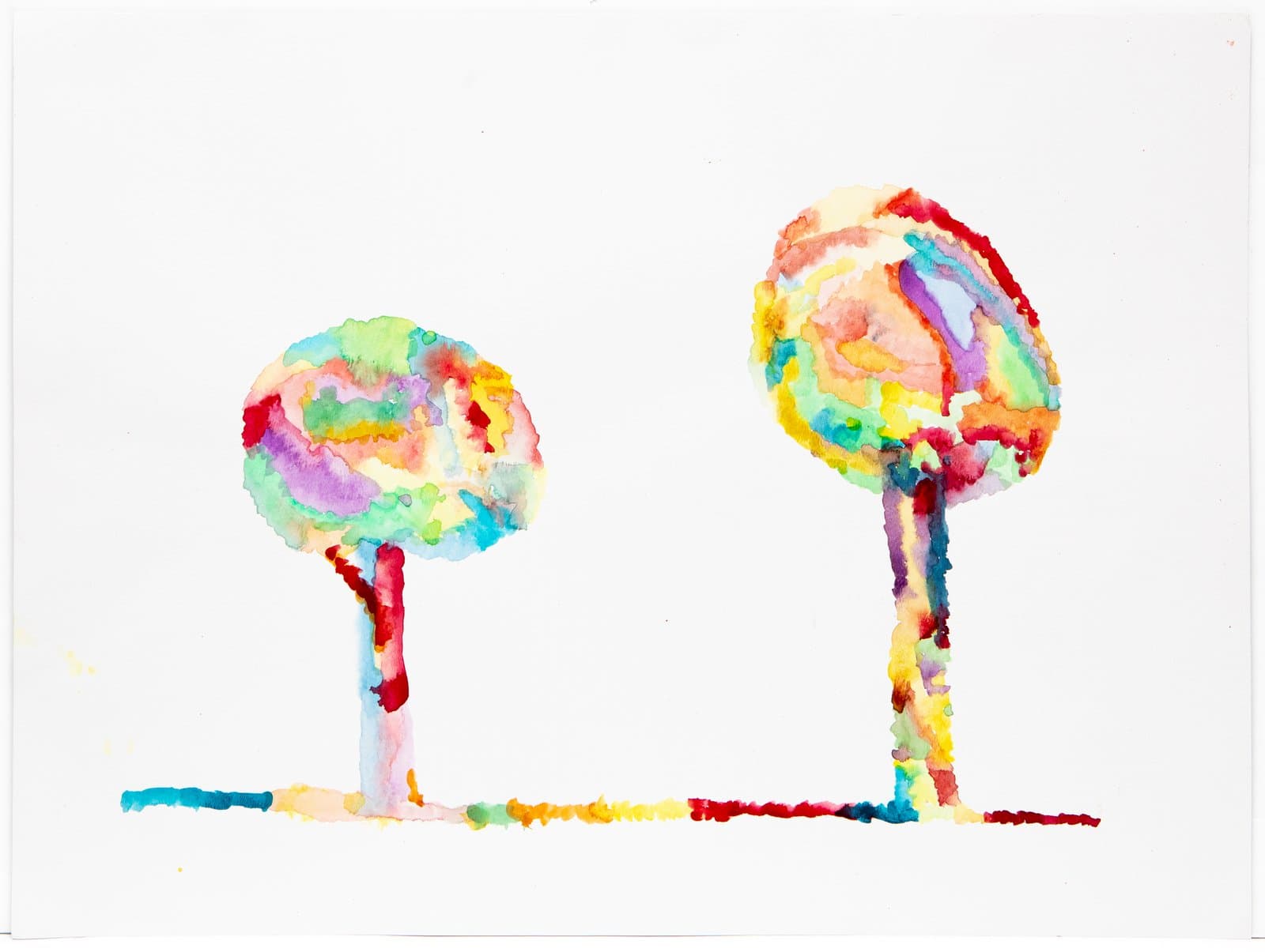 Watercolor painting of two lollipop-shaped trees with multicolored canopies on a white background.