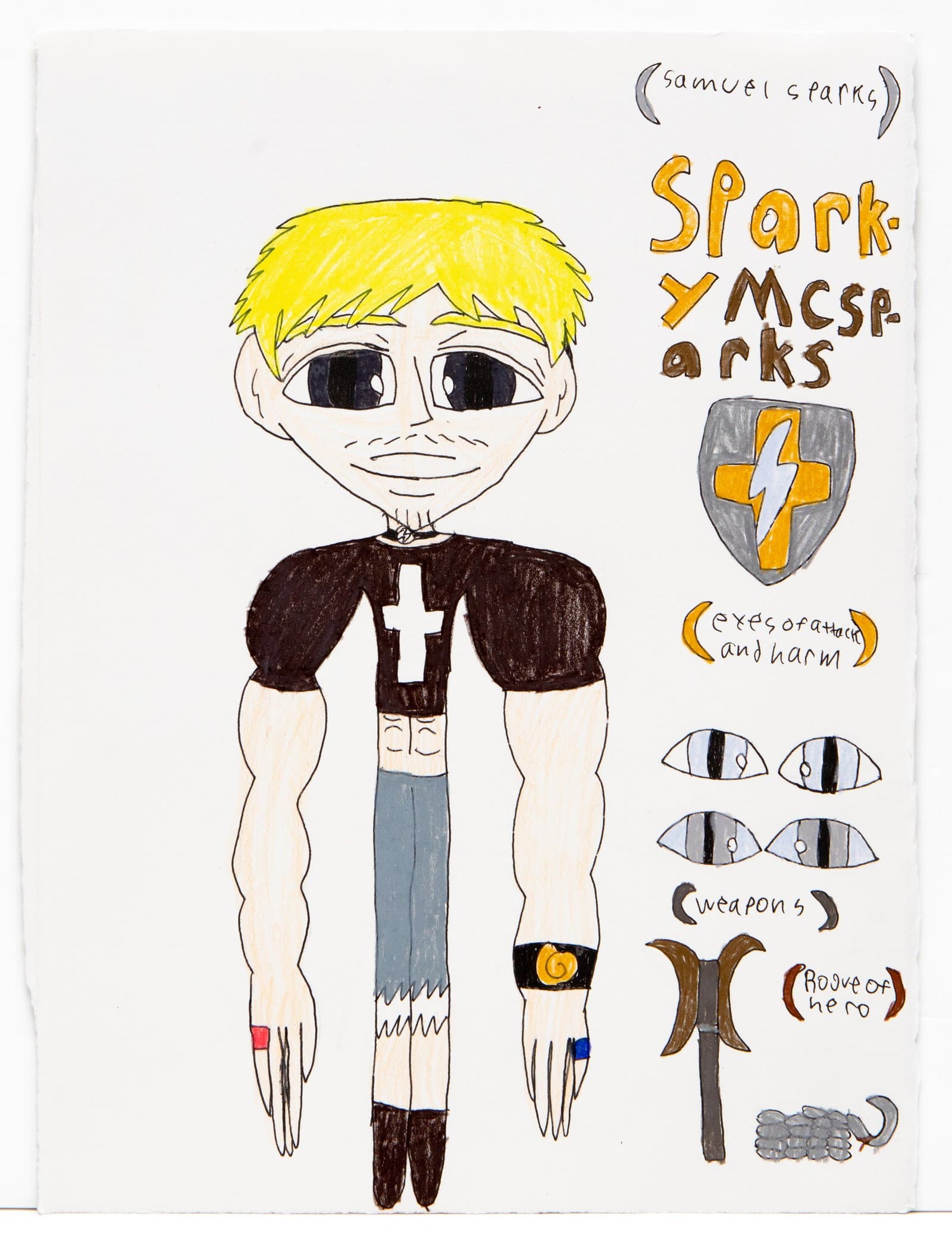Character reference sheet in colored pencil and ink showing a blonde superhero figure named 'Sparky McSparks' with labeled accessories.