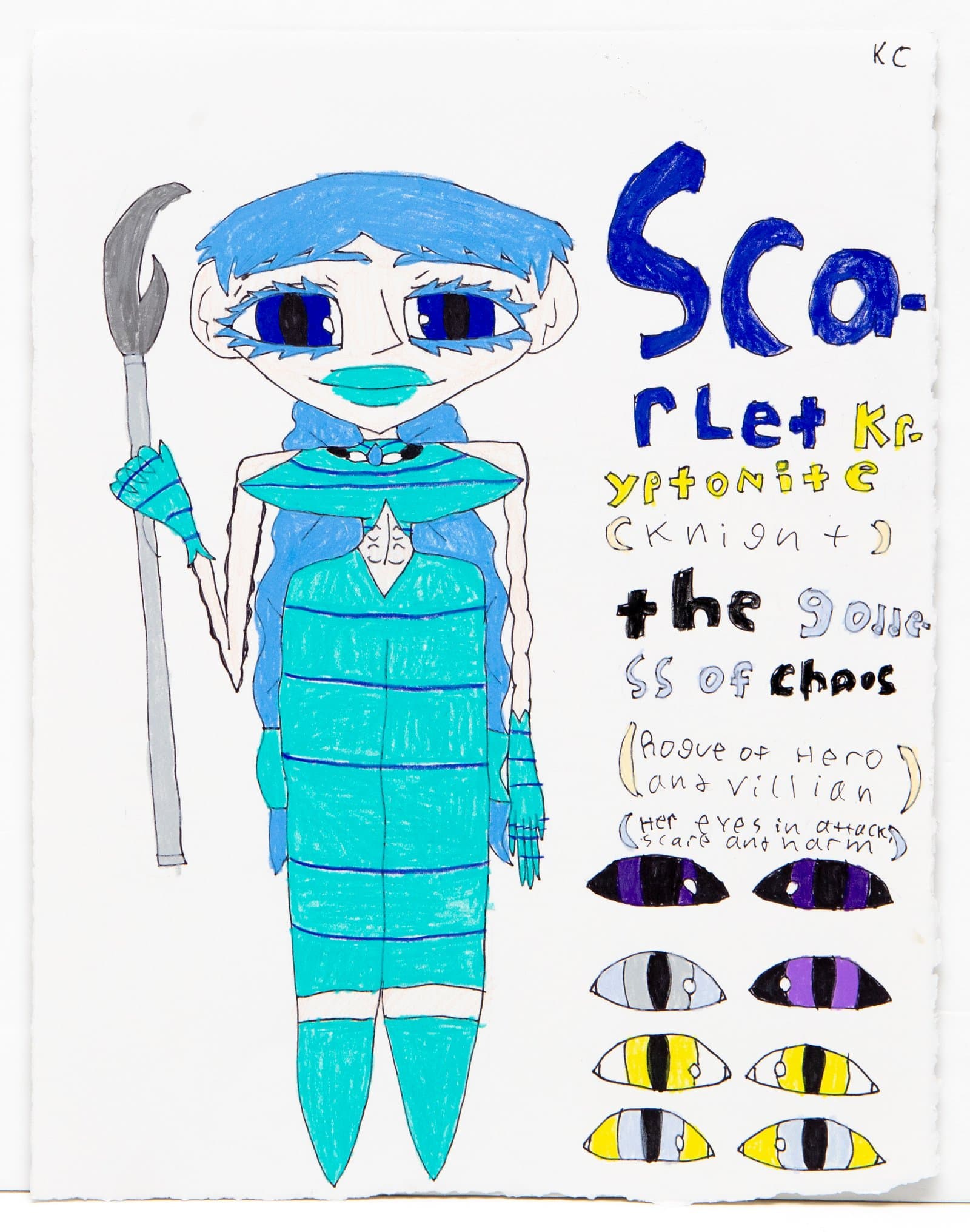 Character design sheet in colored pencil and ink showing a blue-teal fantasy figure with a scythe, text, and eye variation studies.