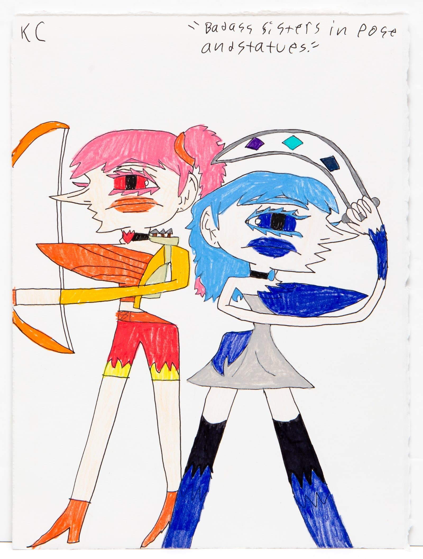 Colored pencil and ink drawing of two anime-style female figures, one in orange with a bow, one in blue with a shield.