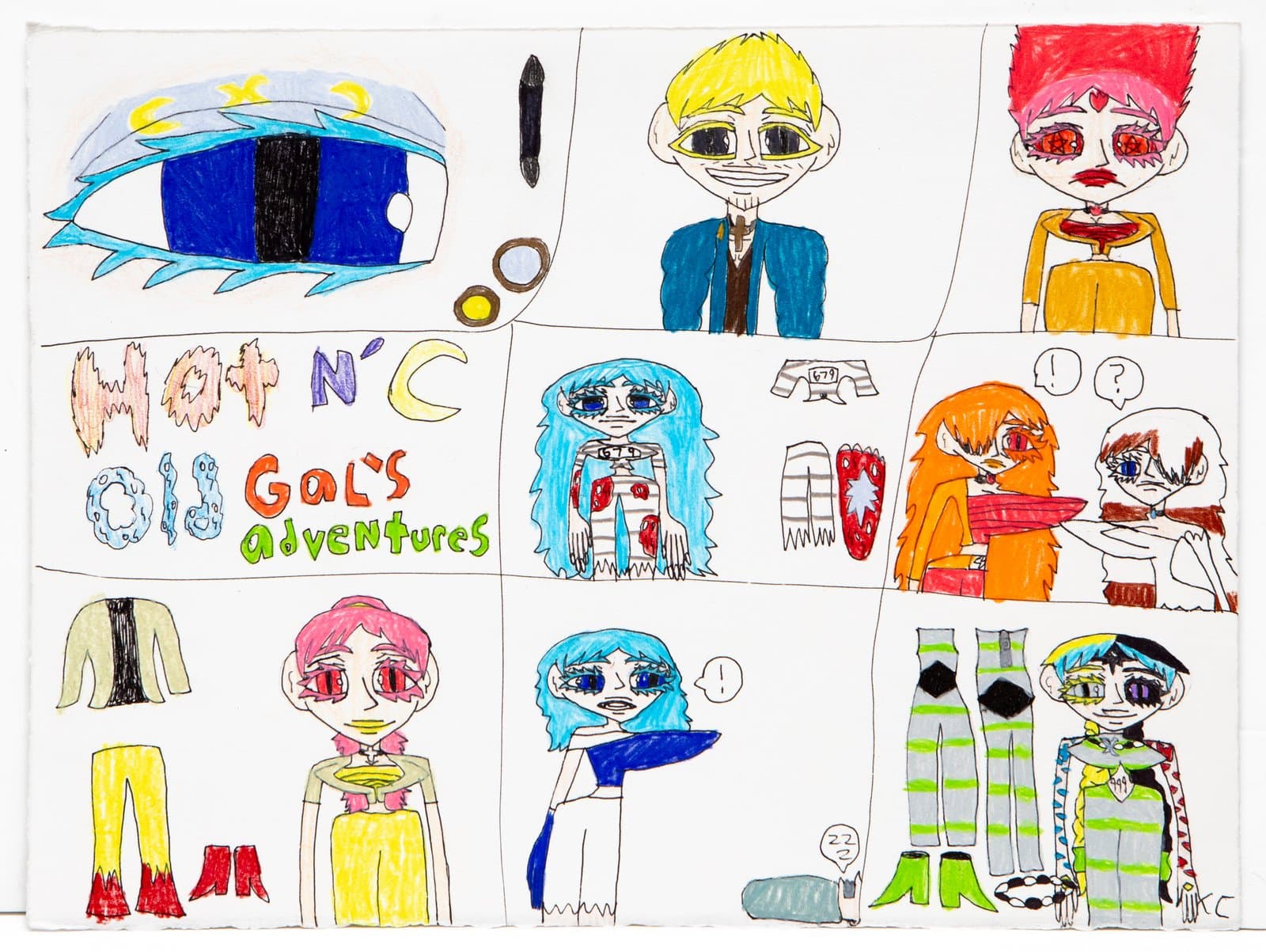 Comic-style colored pencil and ink drawing on paper featuring anime-inspired characters in a multi-panel grid layout.