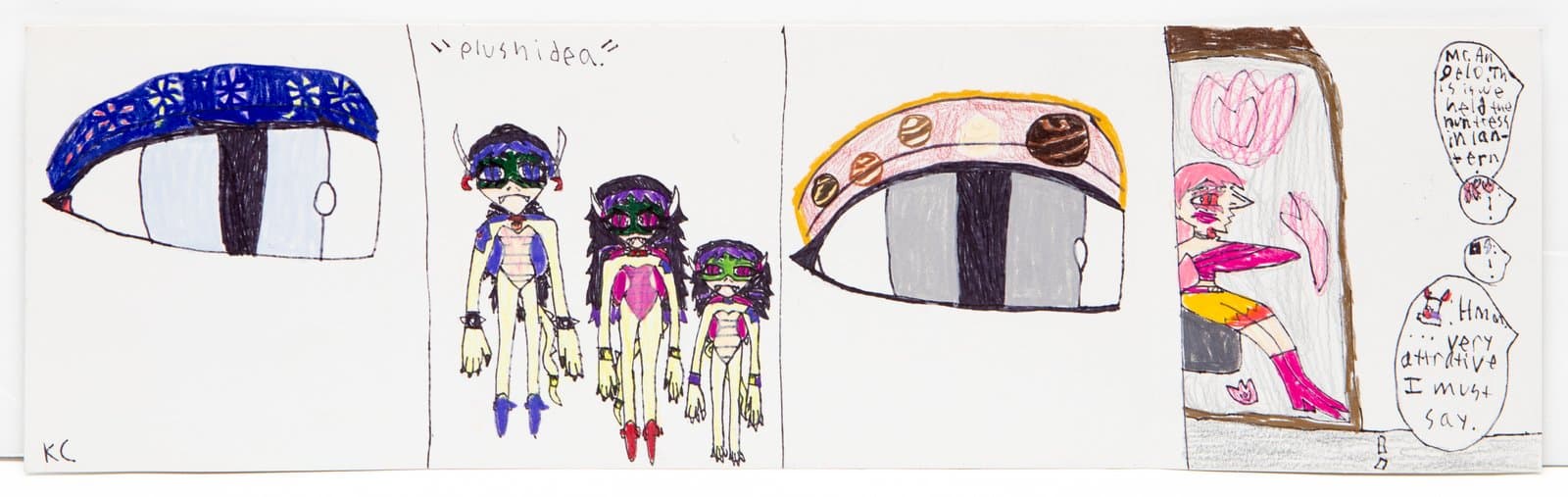 Horizontal comic-strip style drawing in ink and colored pencil showing sushi, anime-style figures, and a pink character across four panels.