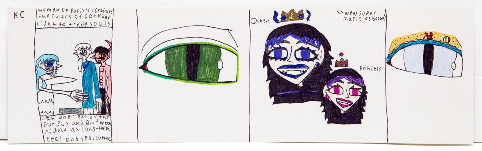 Horizontal comic strip in ink and colored pencil, four panels featuring fantasy characters, close-up eyes, and handwritten text.