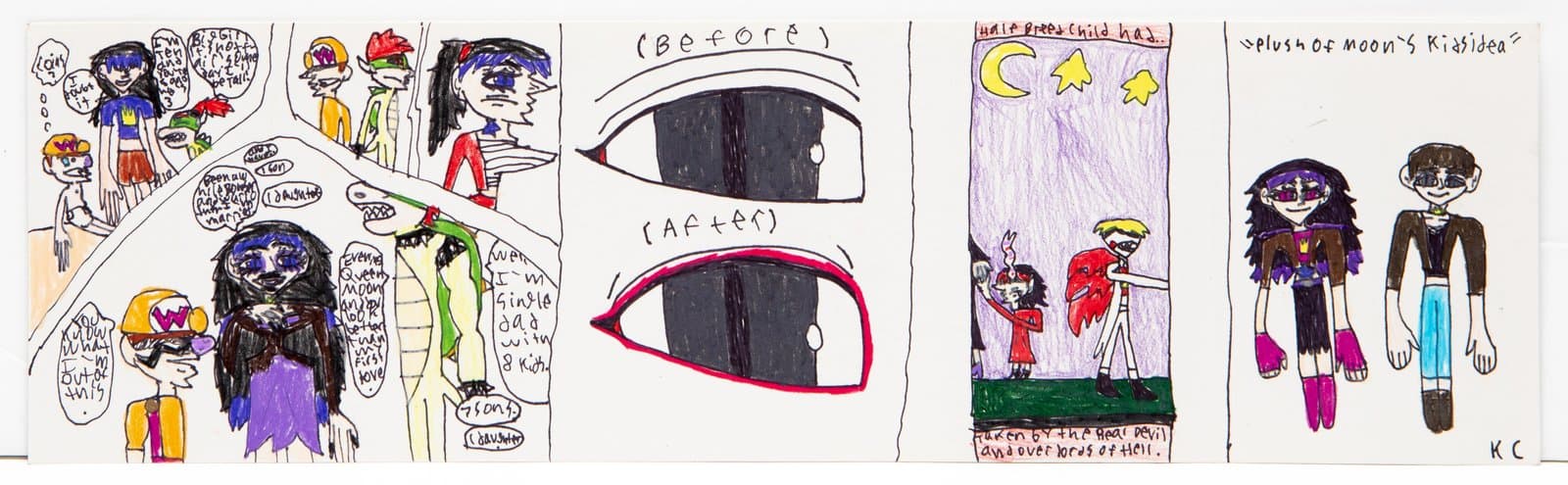 Four-panel comic strip in colored pencil and ink featuring stylized characters, close-up eyes, and fantasy scenes with handwritten text.