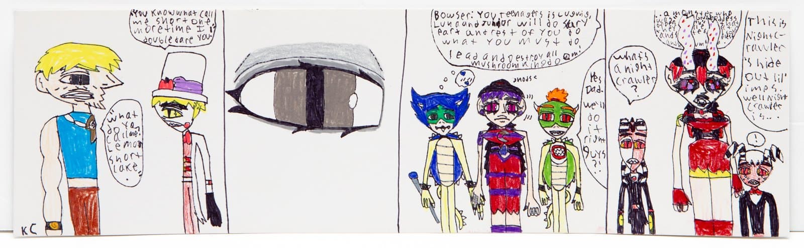 Horizontal comic strip in ink and colored pencil featuring fantastical characters with speech bubbles across six panels.