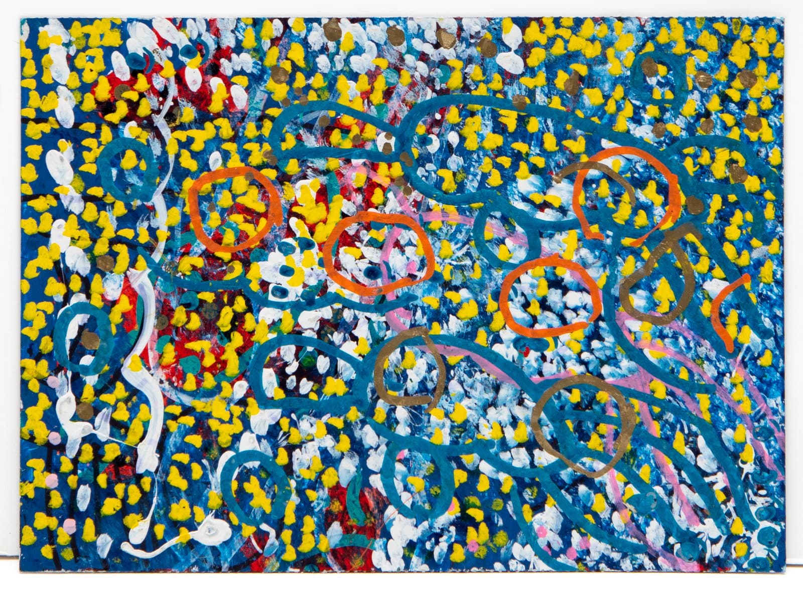Abstract acrylic painting densely packed with yellow, white, and blue dots, overlaid with teal and orange looping lines.