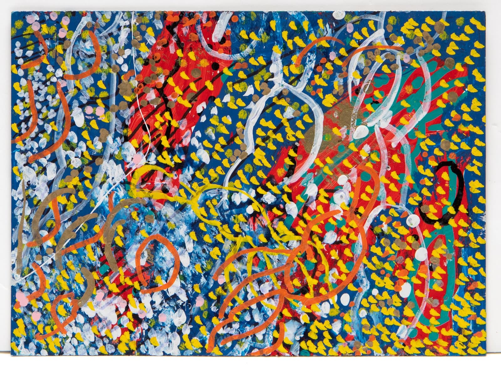 Abstract acrylic painting on paper with dense swirling lines and small dabs of yellow, red, orange, and white on a blue ground.