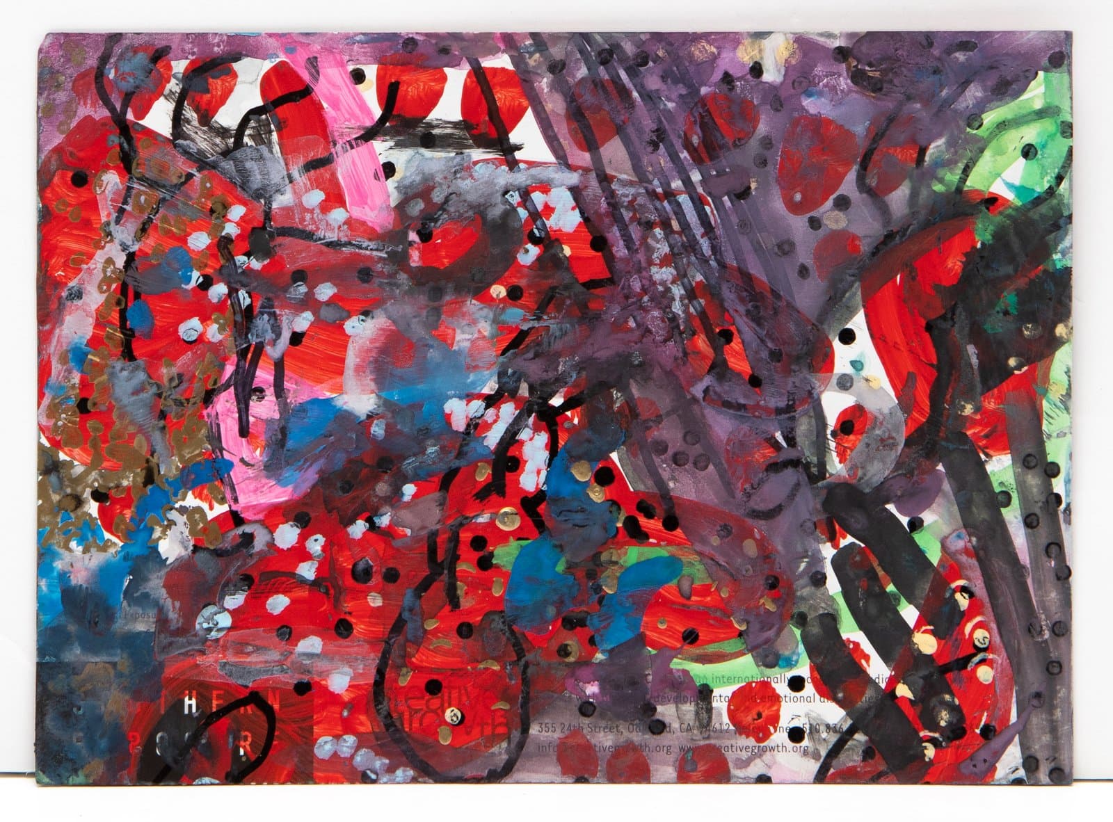 Abstract acrylic painting with dense red, purple, and black forms, circular dots, and gestural marks on paper.