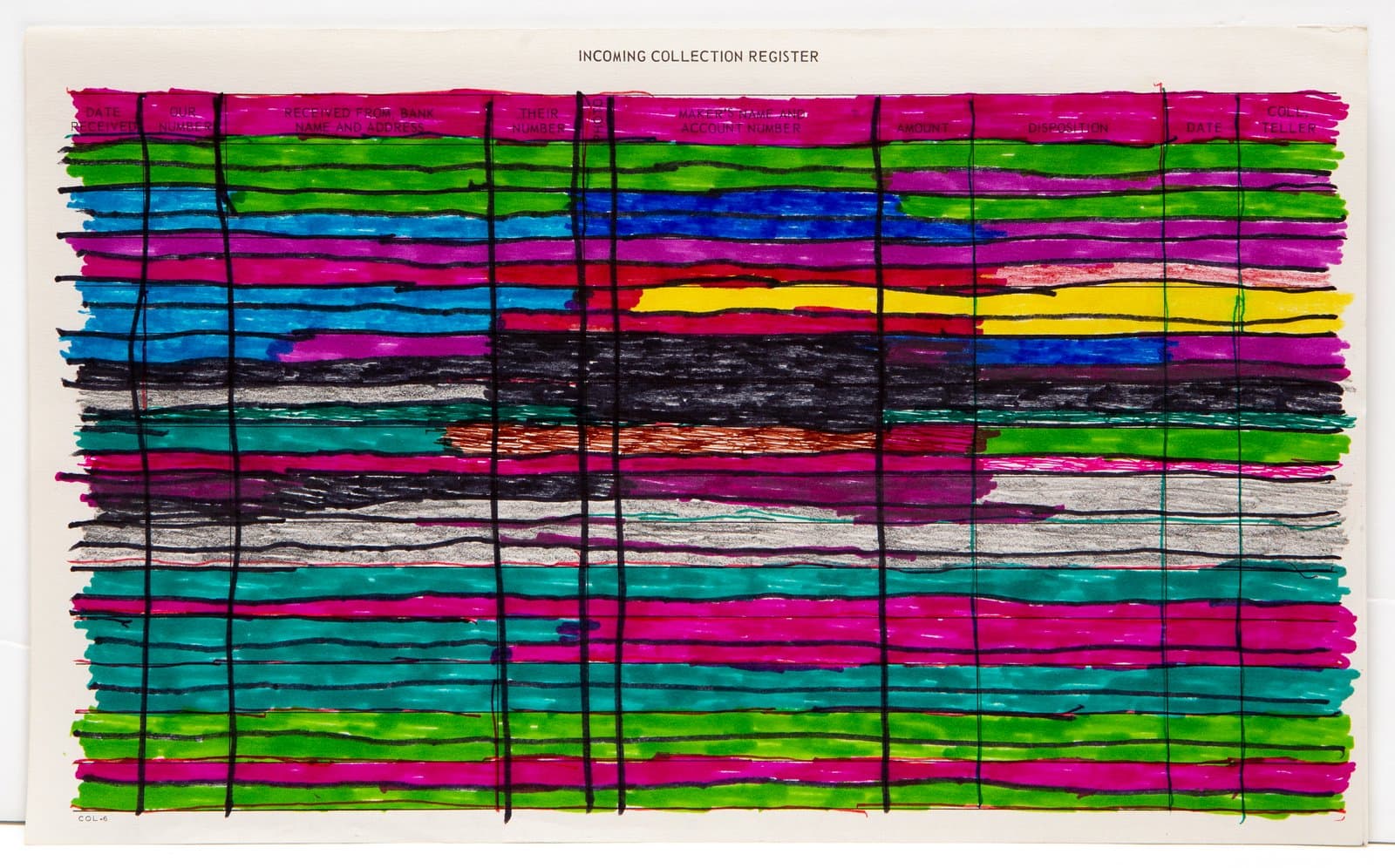 Acrylic on paper with dense horizontal color bands in magenta, green, teal, and blue crossed by vertical black lines.