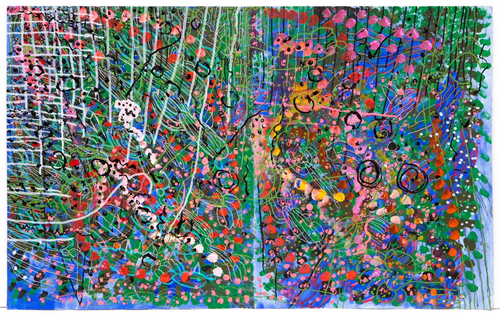 Dense abstract acrylic painting on paper with layered dots, swirls, and drips in green, red, pink, blue, and black.