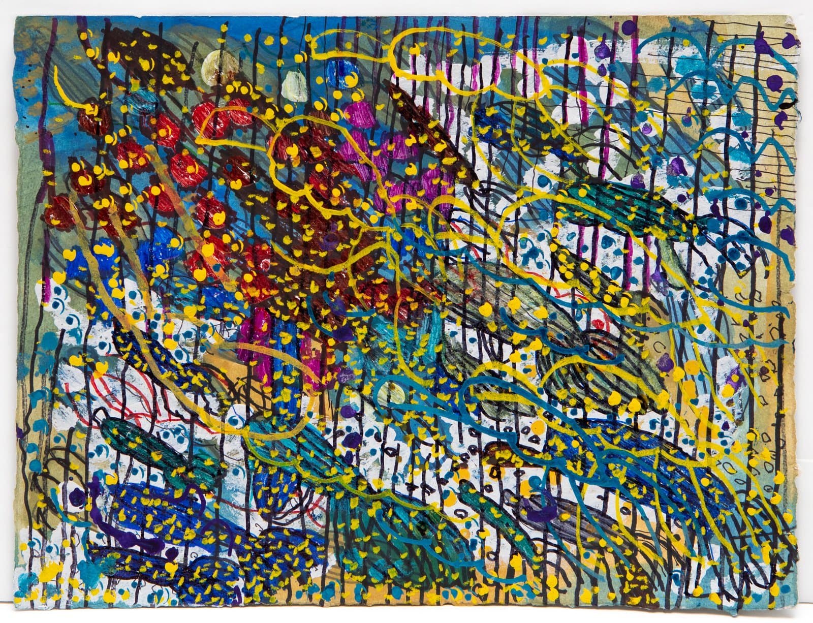 Abstract acrylic painting on paper with dense overlapping lines, dots, and swirling forms in yellow, teal, blue, and magenta.