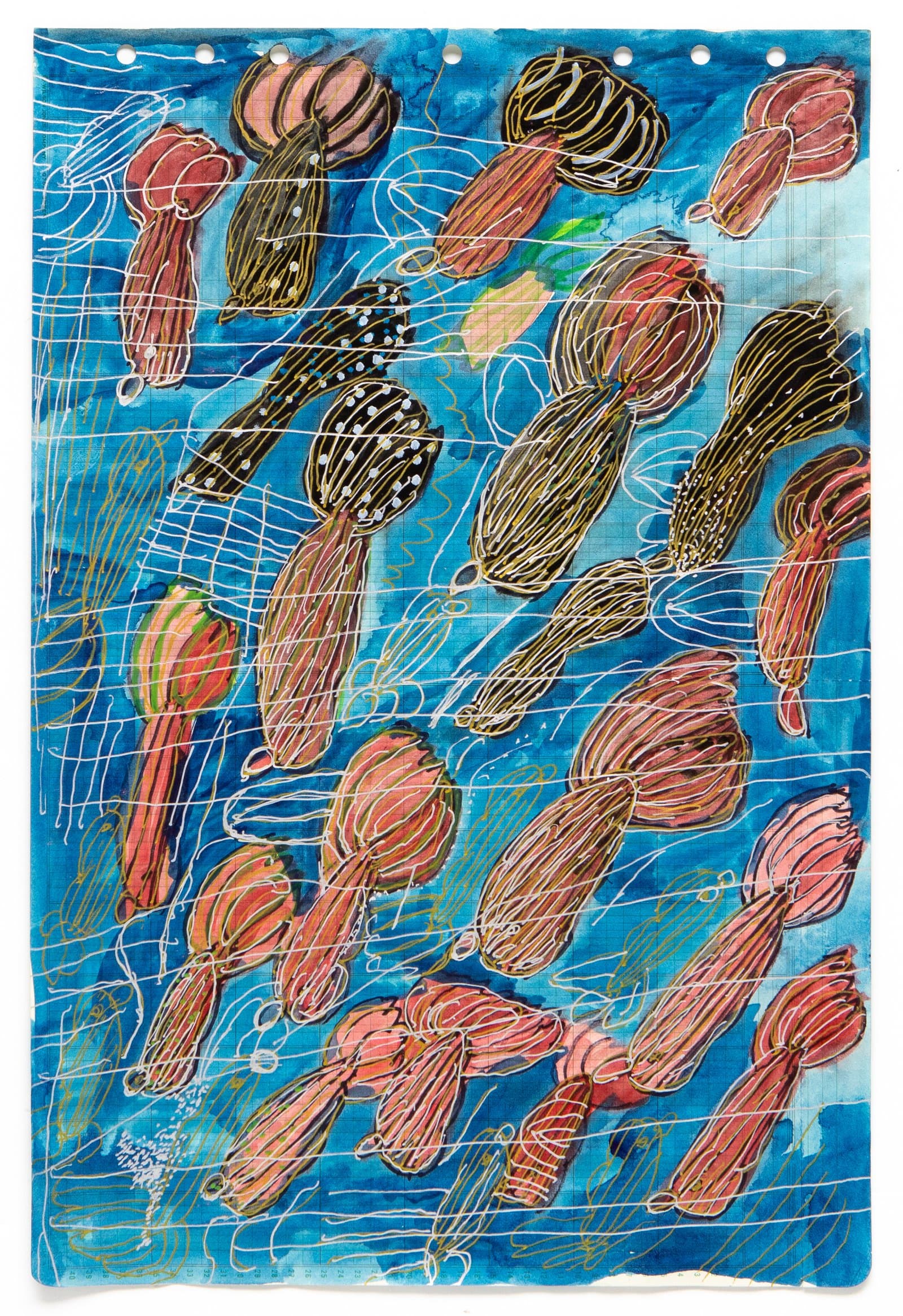 Acrylic painting on grid paper with pink, red, and dark brown pod-like forms scattered across a vivid blue background.