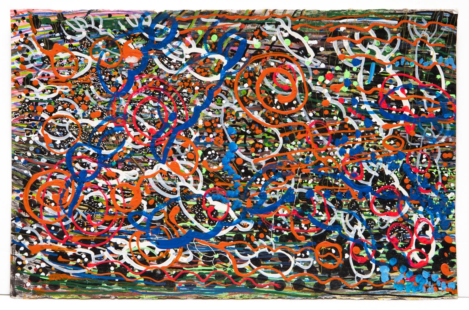 Abstract acrylic painting on paper with dense, swirling loops and curves in orange, blue, white, and red on a dark background.