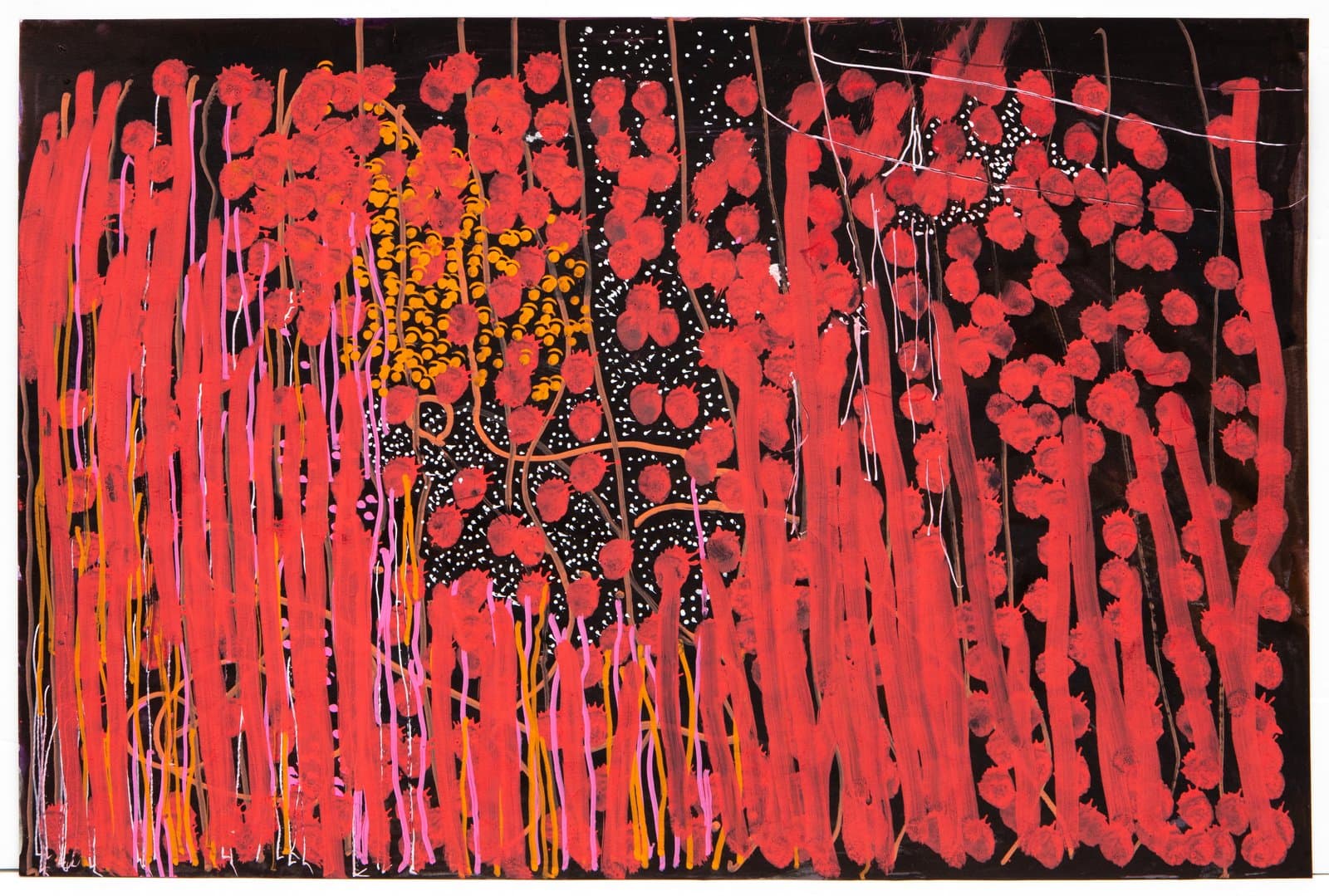 Abstract acrylic painting with dense red vertical strokes and circular forms on a black background, with orange and pink accents.
