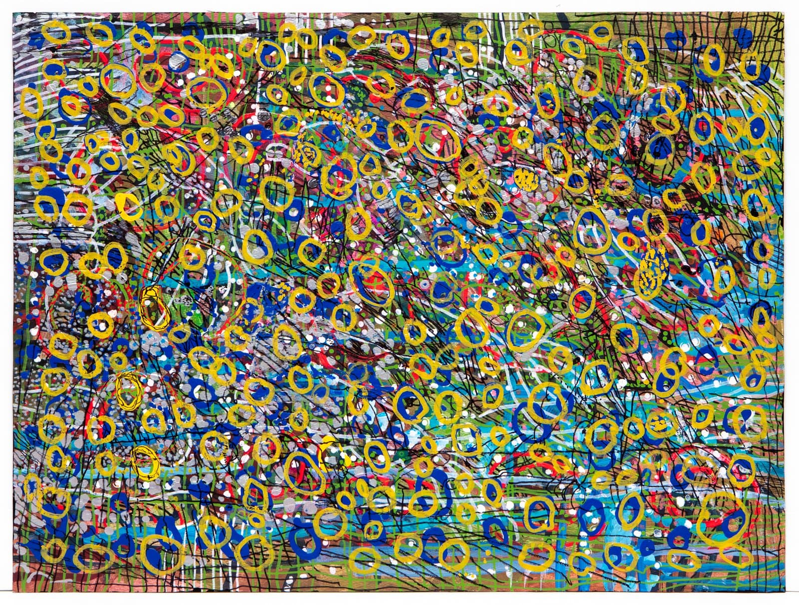 Abstract acrylic painting densely covered in yellow oval rings over a multicolored background of blue, green, red, and black marks.