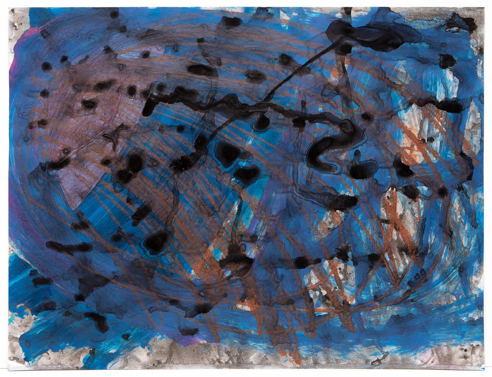 Abstract watercolor on paper with sweeping blue and brown strokes, scattered black dots, and gestural black linear marks.