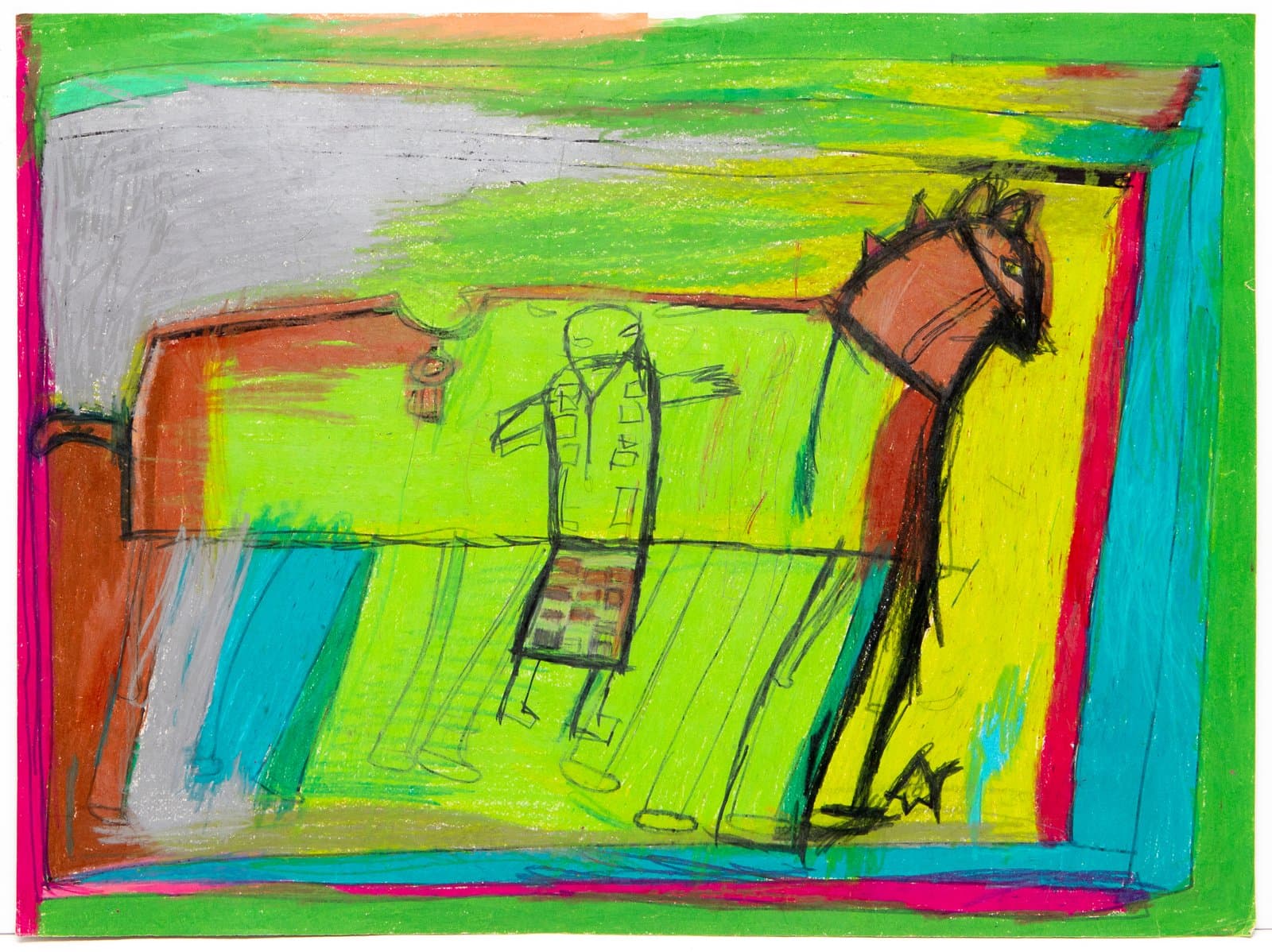 Mixed-media drawing of a human figure and large cat-like animal in a vivid green interior scene with bold marker outlines.