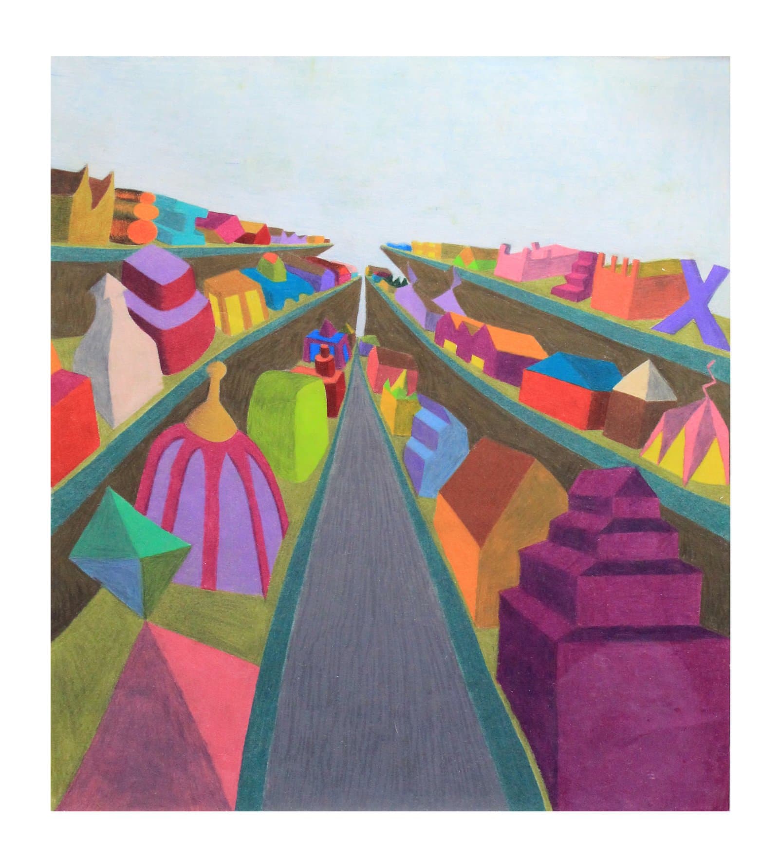 Colored pencil drawing of a road receding to a vanishing point, flanked by densely packed, vividly colored geometric buildings.