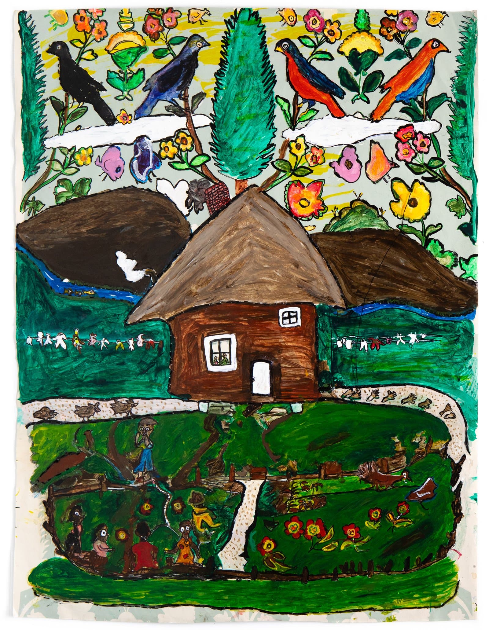 Acrylic painting on paper depicting a brown cottage in a green landscape with birds, flowers, and small human figures.