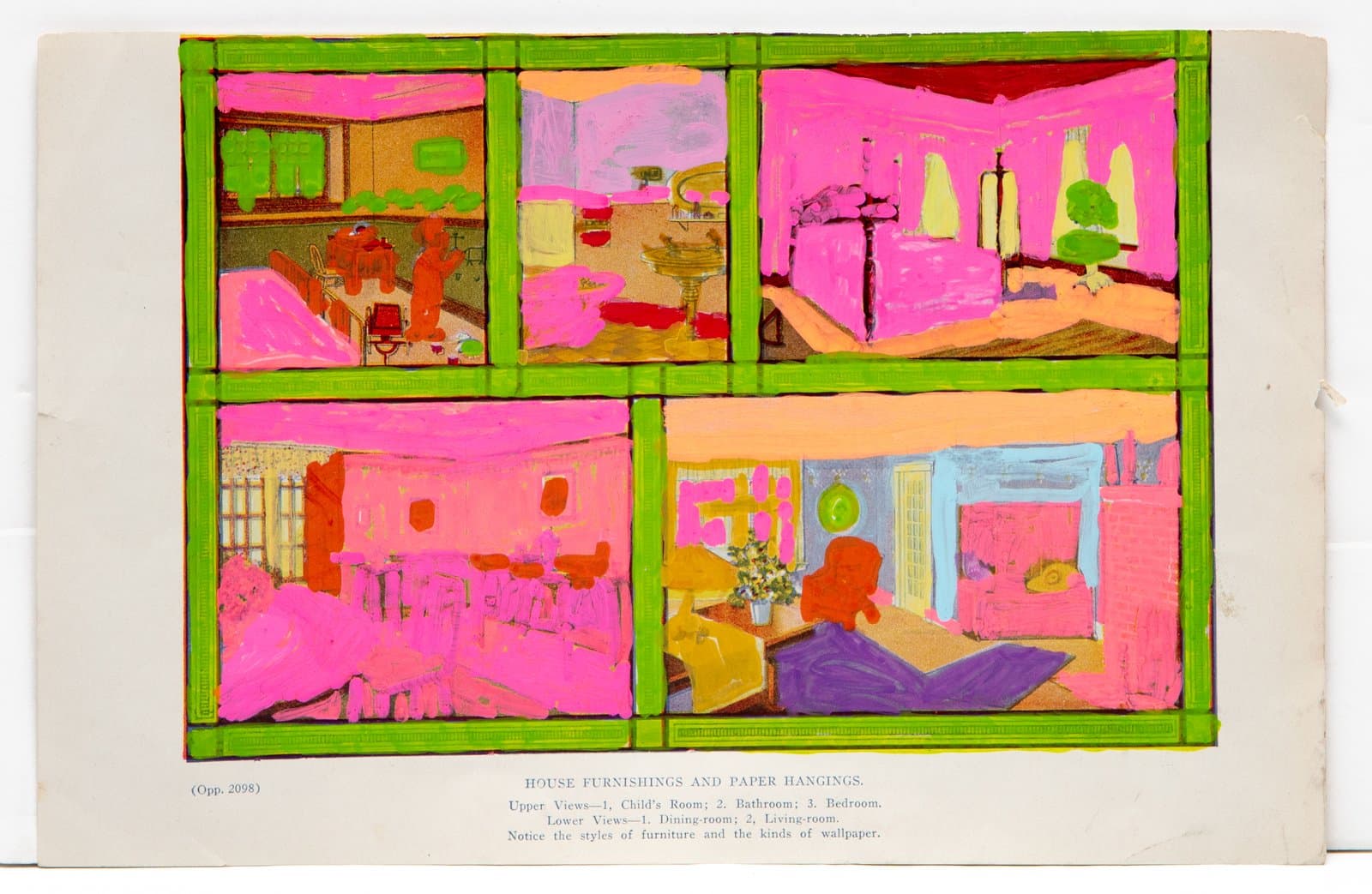 Five interior room scenes from a vintage print overpainted with vivid pink, green, and magenta gouache on found paper.