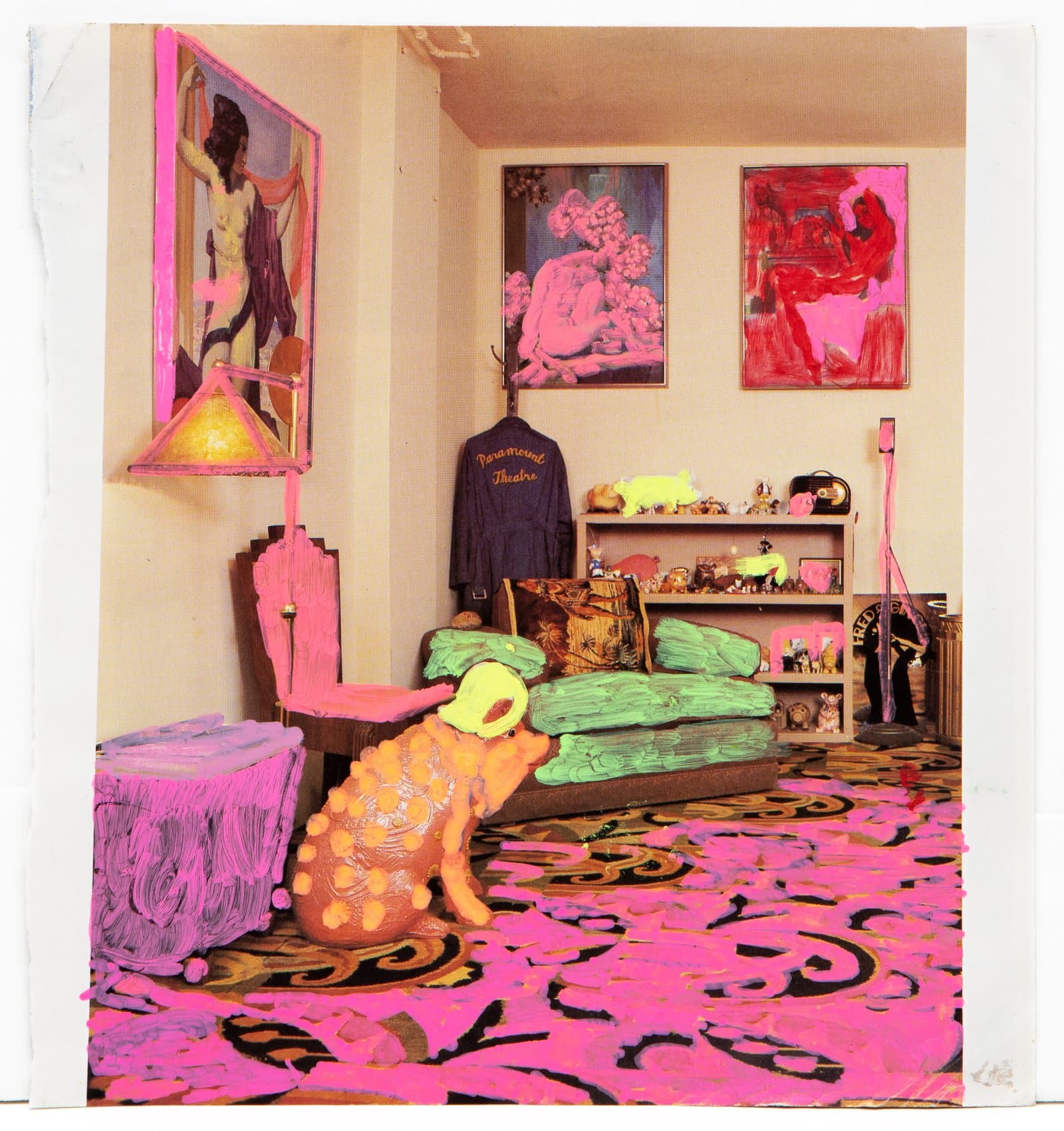 Ink on found photograph of a cluttered room interior, heavily altered with neon pink, green, and yellow ink markings.