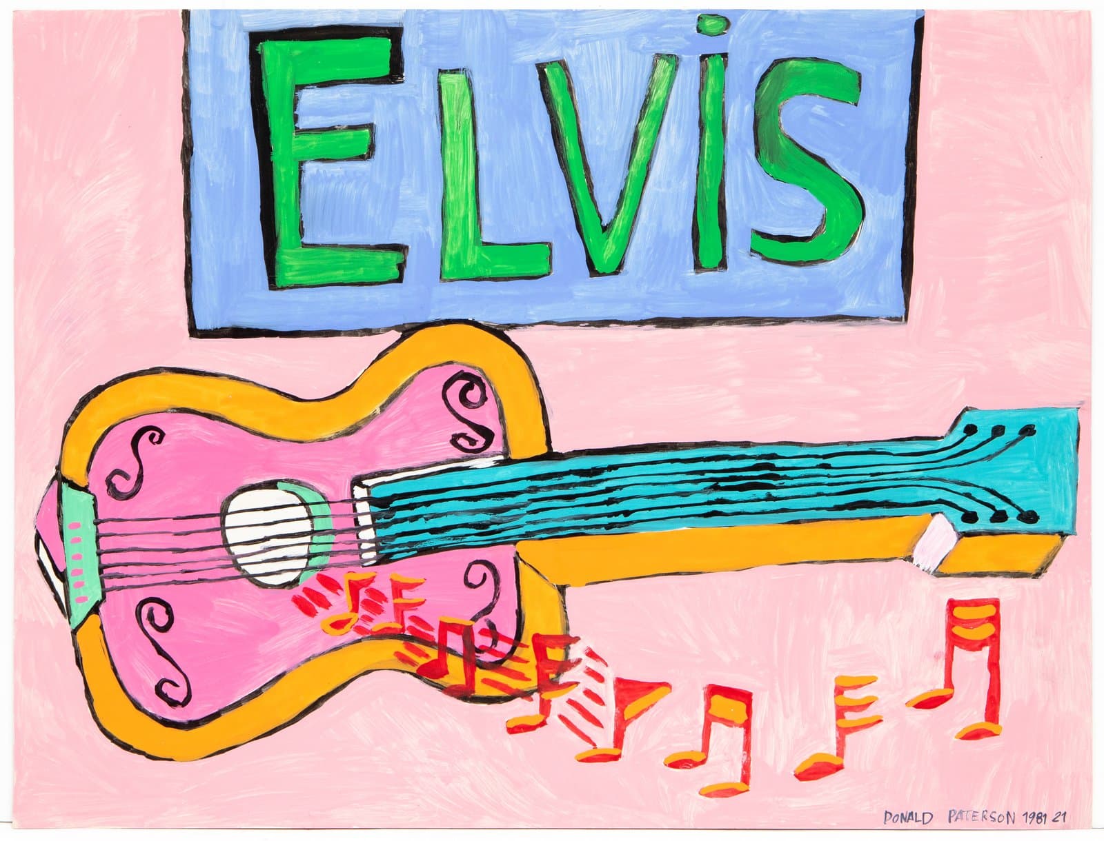 Acrylic painting of a pink and yellow guitar with a teal neck, red musical notes, and bold green 'ELVIS' text on blue.